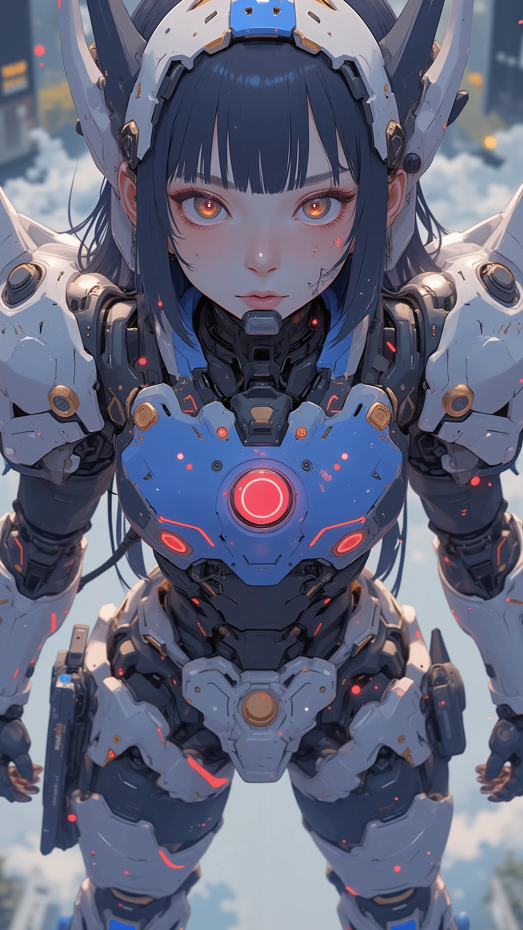 top-down view / bird’s-eye view、close-up、詳細で印象的なガンダムを連想させるロボットSuitを着た美しい日本人女性が、Standing with arms outstretched , looks up at the sky. Suit、 Women's face and eyes a prominent blue chest plate with red and gold accents, features a design reminiscent of futuristic armor. shoulders and arms、 with black and red details on a white protective plate, sophisticated appearance. Also for legs、dark eyes、 Women's face and eyes a combination of white armor with subtle red accents and blue elements on the legs, advanced robotics Similar to a damn skeleton design. Women's face and eyes , adds human elements to mechanical ensembles. 照明はSuitの光沢を際立たせます, Has a reflective texture, creates dynamic and attractive visual contrast. 人間と人間が立派で印象的なロボットSuitを着ている、with reflective texture。contains robotic elements in costumes、with reflective texture精巧で印象的なロボットSuitを着た、 Shining part、combines strength and elegance.particles of light drifting through the atmosphere、Hold out your hand to the sky、