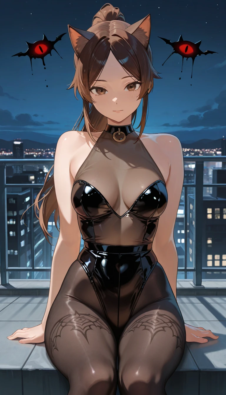 ((masterpiece, best quality)),very detailed, simple eyes, ??????????????, standing, lisa imai, 1girl, smile, black_gloves, ???????, brown_hair, eyebrows_visible_through_hair, gloves, yellow_rose, boots, superhero, leotard, ???? legs, city backdrop