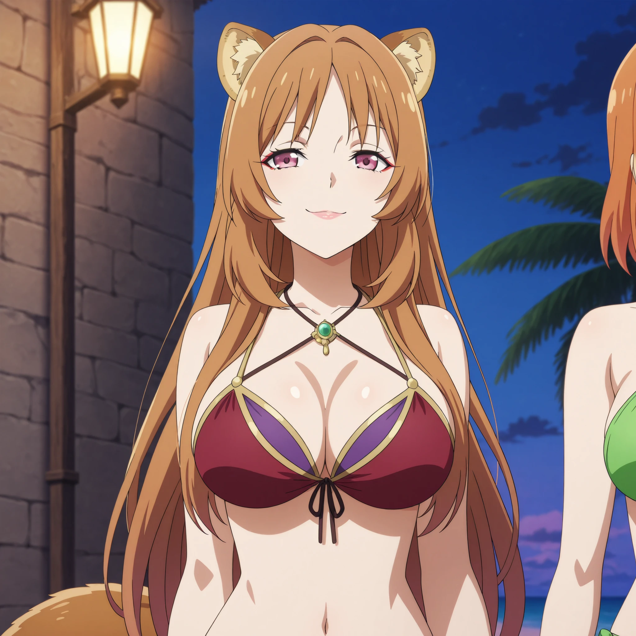 Raphalia, The Rise of the Shield Hero, raccoon ears. Round, pink eyes, orange hair with rounded ears and tail, fair skin, slender figure, and large breasts. Walking on a tropical beach. An evil version of herself with short, parted bangs, yellow eyes, eyeliner, a smug smile, and lips. Highly detailed anime art, vibrant lighting, and smooth, radiant skin. Full-body image. imagen de cuerpo completo vista panoramica.