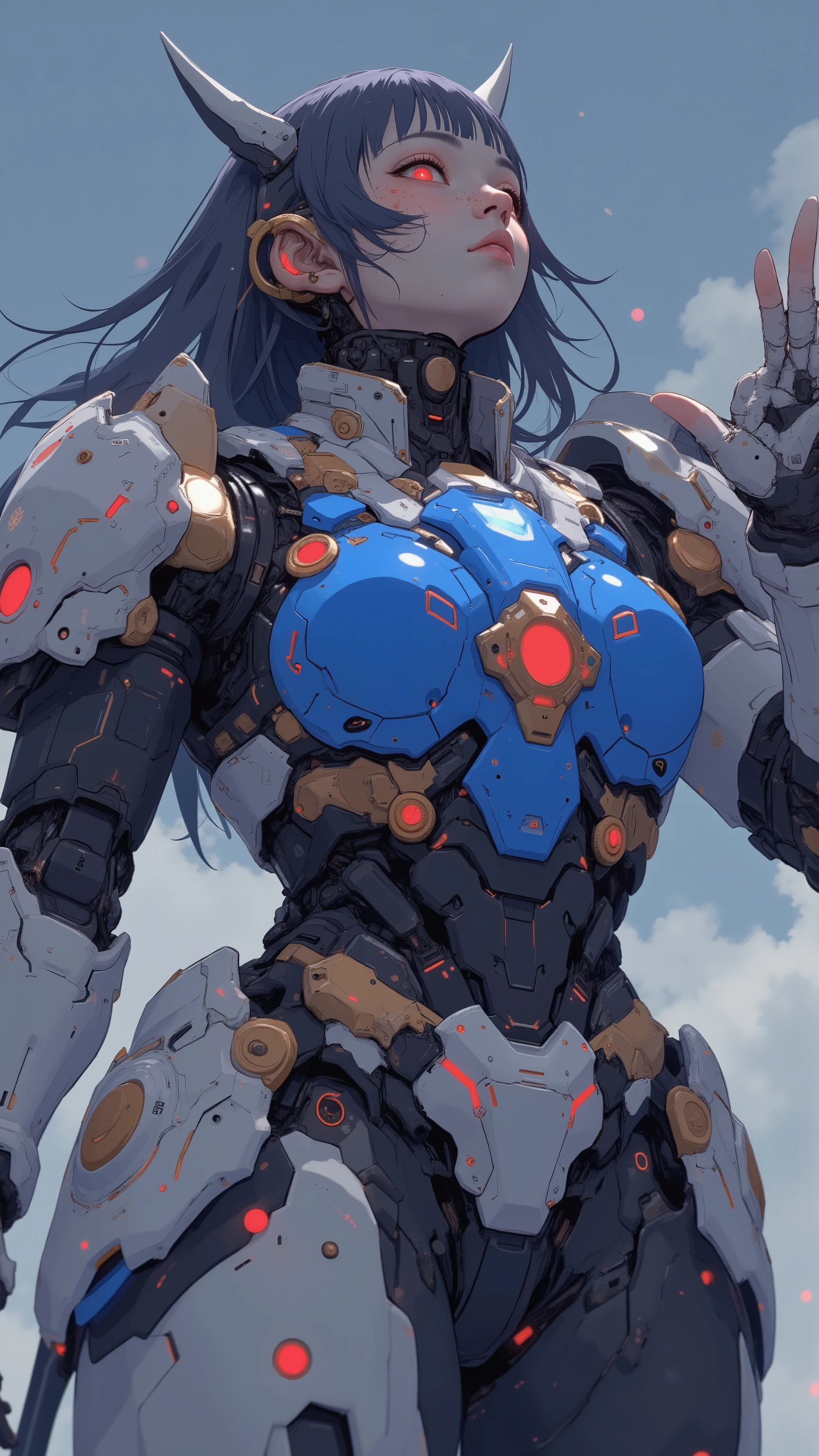 low-angle view / worm’s-eye view、close-up、詳細で印象的なガンダムを連想させるロボットSuitを着た美しい日本人女性が、Standing with arms outstretched , looks up at the sky. Suit、 Women's face and eyes a prominent blue chest plate with red and gold accents, features a design reminiscent of futuristic armor. shoulders and arms、 with black and red details on a white protective plate, sophisticated appearance. Also for legs、dark eyes、 Women's face and eyes a combination of white armor with subtle red accents and blue elements on the legs, advanced robotics Similar to a damn skeleton design. Women's face and eyes , adds human elements to mechanical ensembles. 照明はSuitの光沢を際立たせます, Has a reflective texture, creates dynamic and attractive visual contrast. 人間と人間が立派で印象的なロボットSuitを着ている、with reflective texture。contains robotic elements in costumes、with reflective texture精巧で印象的なロボットSuitを着た、 Shining part、combines strength and elegance.particles of light drifting through the atmosphere、Hold out your hand to the sky、