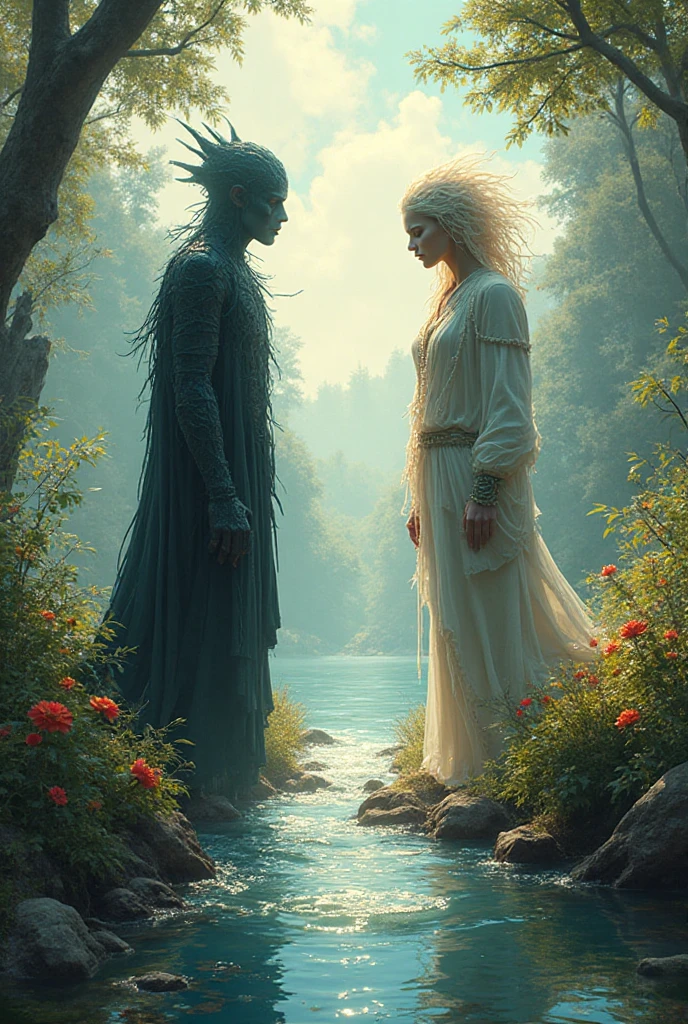 white bearded man with white furry white tunic and green grass woman green grass skin green body front view , blue sea background sea water, the moon above the image and the sun below the image
