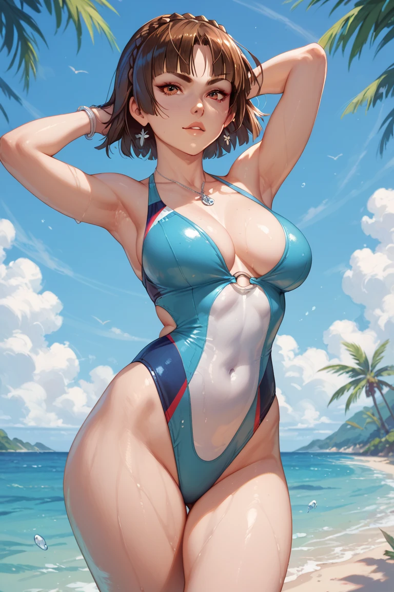 ​masterpiece、ultra-quality、ultra-detailliert、Perfect drawing、独奏、Beautiful girl in a swimsuit、Pee leakage(2.5)、Pee splashes from the crotch(2.5)、red blush、Swimming Club、competition swim suit(One-piece swimsuit、highleg)10yaers old、opening legs(30cm)、Hold your crotch with both hands、Water gushing out of the crotch(2.5)、embarassed expression、Moisturized eyes、swimming pools、 Shot diagonally from below、thin fabric swimsuit、light from the front、Light ahead、sunlights、Summer sky、clearface、​masterpiece、ultra-quality、ultra-detailliert、Perfect drawing、CG、3D、8k、