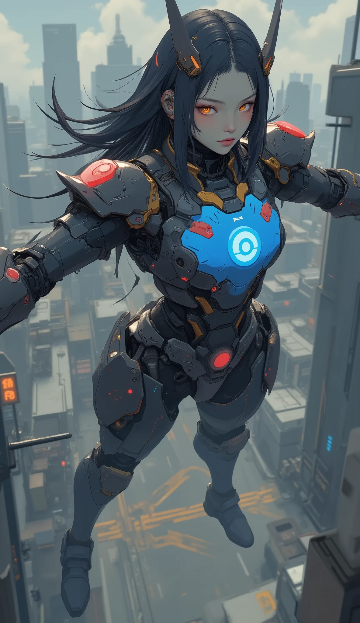 詳細で印象的なガンダムを連想させるロボットSuitを着た美しい日本人女性が、They are airborne above the city with their arms outstretched. Suit、 Women's face and eyes a prominent blue chest plate with red and gold accents, features a design reminiscent of futuristic armor. shoulders and arms、 with black and red details on a white protective plate, sophisticated appearance. Also for legs、dark eyes、 Women's face and eyes a combination of white armor with subtle red accents and blue elements on the legs, advanced robotics Similar to a damn skeleton design. Women's face and eyes , adds human elements to mechanical ensembles. 照明はSuitの光沢を際立たせます, Has a reflective texture, creates dynamic and attractive visual contrast. 人間と人間が立派で印象的なロボットSuitを着ている、with reflective texture。contains robotic elements in costumes、with reflective texture精巧で印象的なロボットSuitを着た、 Shining part、combines strength and elegance.