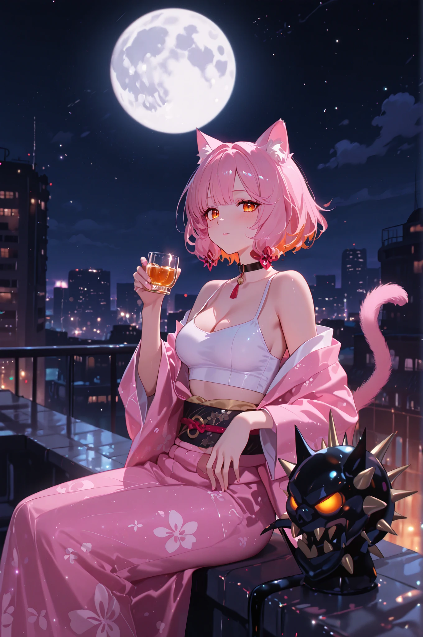 (2D anime style illustration, Illustrious style.) A 20-something adult female cat with cat ears and a cat tail, with pink shaggy bob hair, deep orange eyes, a pink yukata, and a white crop top that shows her cleavage, sitting on the roof of a building on a full moon night, looking at the moonlight, holding a goblin club by her side and holding a glass of sake-like traditional liquor.