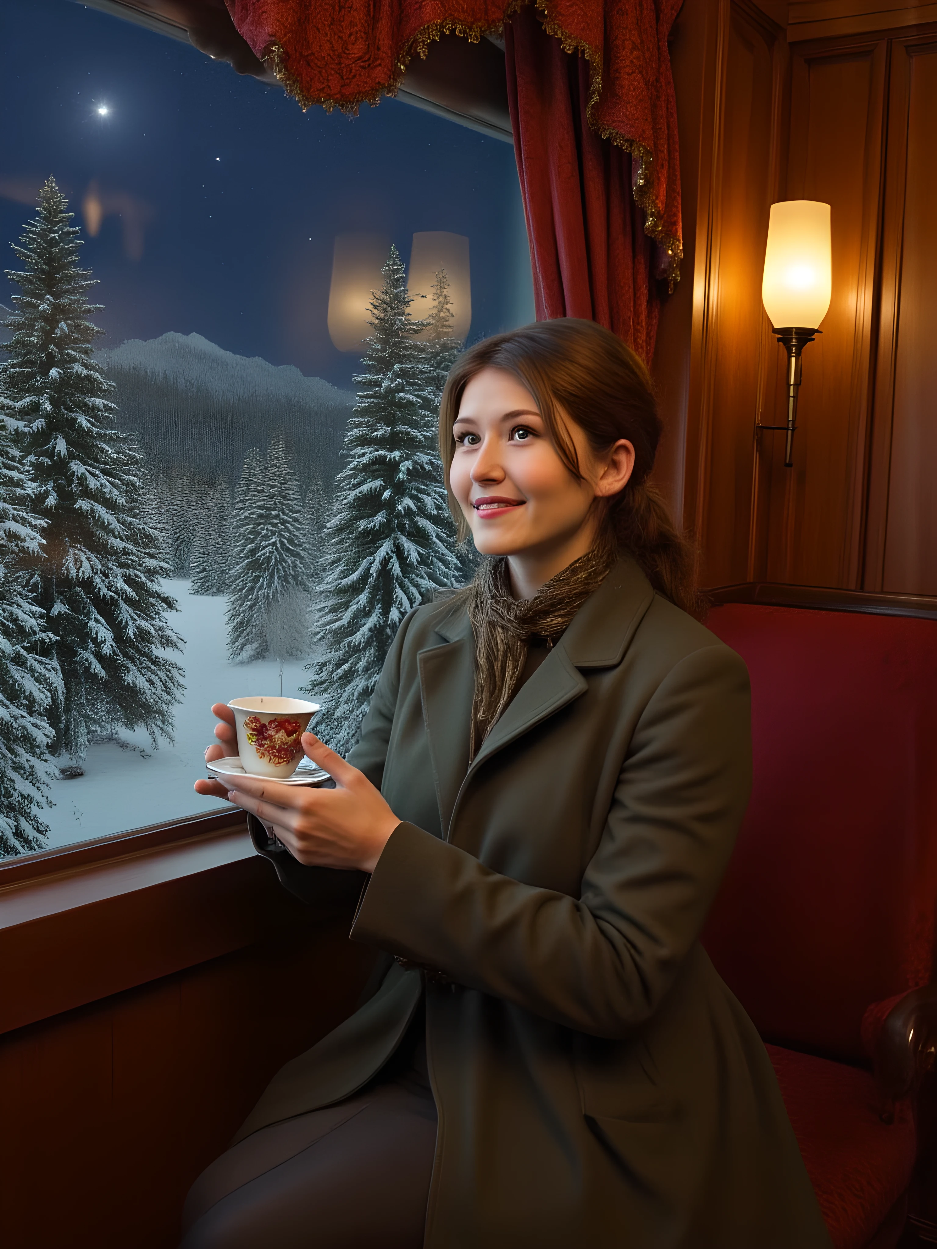 Dr. Jennifer Keller sits by the window of a luxurious sleeping car, wearing an elegant winter coat and a thin scarf. Her face is clearly visible: soft, expressive features, sparkling green eyes, and light brown hair slightly tousled by the wind, reflecting her personality. She holds a steaming cup of tea, her slightly pink lips forming a subtle smile. Outside, snow falls on forests and mountains illuminated by the starry sky. The interior of the carriage is warm: polished wood, antique lamps casting a golden glow, plush carpets, and red velvet seats. The reflections of the snowflakes and the lamps create a mysterious and magical atmosphere.