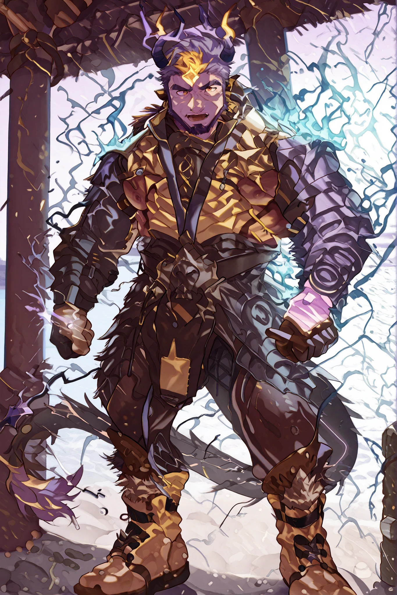 male devil playing in a water park,switch to a larger image, Background of the depiction.、his  are not depicted、burning in a yellow flame,more than the character Realistic,horns growing from purple lightning,The upper half of his devilish face is covered {x} he has sideburns that look like he has painted his entire neck with metallic paint {X} purple lightning pattern on both sides of his hair,Purple beard,Devil's Face  , Background of the depiction of a devil wearing clothes, 8K High Resolution Art , nose, Eyebrows are purple flames,The horse's tip is a purple flameで燃えている,Gigachad's Muscular, Razielle IRL, Art Stationで人気, Male art, POV fur art, Switch to a larger image of God Poseidon, strong, Fat, Buccanarian's Body, SFW version, Art Stationの男性的な美的センス,Epidermal、Naked skin is dark gray、light purple,purple hair shines through,his hair shines fluorescent purple,his hair looks like a purple flame,Both sides of his hair are connected to his beard.。The horse's tip is a purple flame,The back part of the upper center is a king style devil with yellow hair,horns growing from purple lightning.,彼のはburning in a yellow flame,Background of the depiction is a realistic beach.,his  are burning with a yellow flame.。

