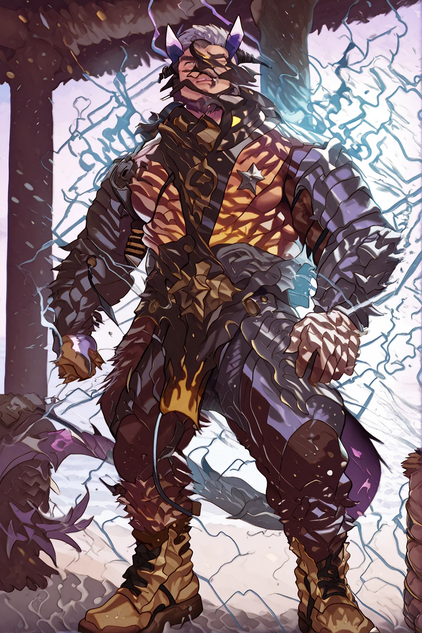 male devil playing in a water park,switch to a larger image, Background of the depiction.、his  are not depicted、burning in a yellow flame,more than the character Realistic,horns growing from purple lightning,The upper half of his devilish face is covered {x} he has sideburns that look like he has painted his entire neck with metallic paint {X} purple lightning pattern on both sides of his hair,Purple beard,Devil's Face  , Background of the depiction of a devil wearing clothes, 8K High Resolution Art , nose, Eyebrows are purple flames,The horse's tip is a purple flameで燃えている,Gigachad's Muscular, Razielle IRL, Art Stationで人気, Male art, POV fur art, Switch to a larger image of God Poseidon, strong, Fat, Buccanarian's Body, SFW version, Art Stationの男性的な美的センス,Epidermal、Naked skin is dark gray、light purple,purple hair shines through,his hair shines fluorescent purple,his hair looks like a purple flame,Both sides of his hair are connected to his beard.。The horse's tip is a purple flame,The back part of the upper center is a king style devil with yellow hair,horns growing from purple lightning.,彼のはburning in a yellow flame,Background of the depiction is a realistic beach.,his  are burning with a yellow flame.。

