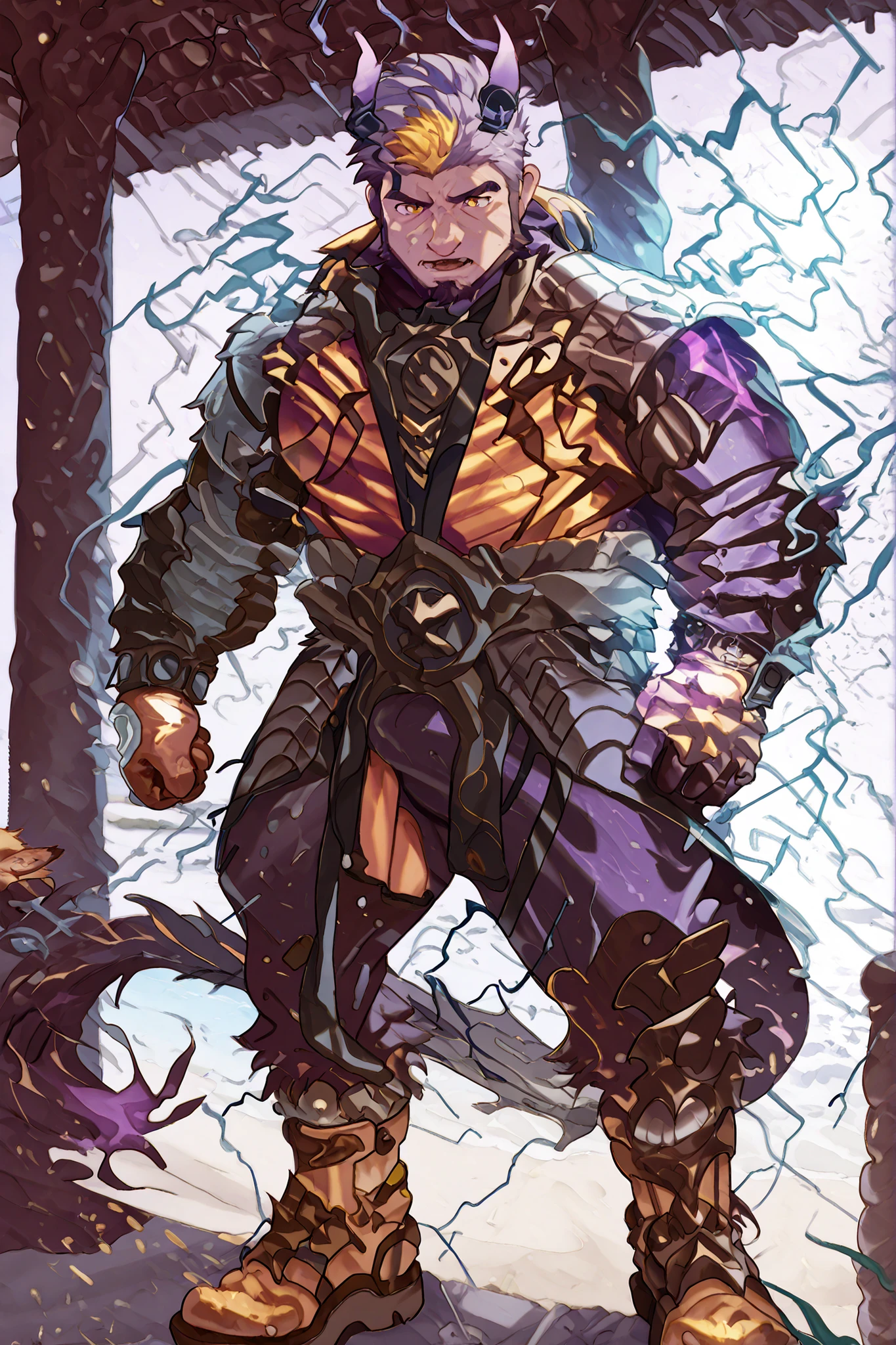 male devil playing in a water park,switch to a larger image, Background of the depiction.、his are not depicted、burning in a yellow flame,more than the character Realistic,horns growing from purple lightning,The upper half of his devilish face is covered {x} he has sideburns that look like he has painted his entire neck with metallic paint {X} purple lightning pattern on both sides of his hair,Purple beard,Devil's Face , Background of the depiction of a devil wearing clothes, 8K High Resolution Art , nose, Eyebrows are purple flames,The horse's tip is a purple flameで燃えている,Gigachad's Muscular, Razielle IRL, Art Stationで人気, Male art, POV fur art, Switch to a larger image of God Poseidon, strong, Fat, Buccanarian's Body, SFW version, Art Stationの男性的な美的センス,Epidermal、Naked skin is dark gray、light purple,purple hair shines through,his hair shines fluorescent purple,his hair looks like a purple flame,Both sides of his hair are connected to his beard.。The horse's tip is a purple flame,The back part of the upper center is a king style devil with yellow hair,horns growing from purple lightning.,彼のはburning in a yellow flame,Background of the depiction is a realistic beach.,his are burning with a yellow flame.。