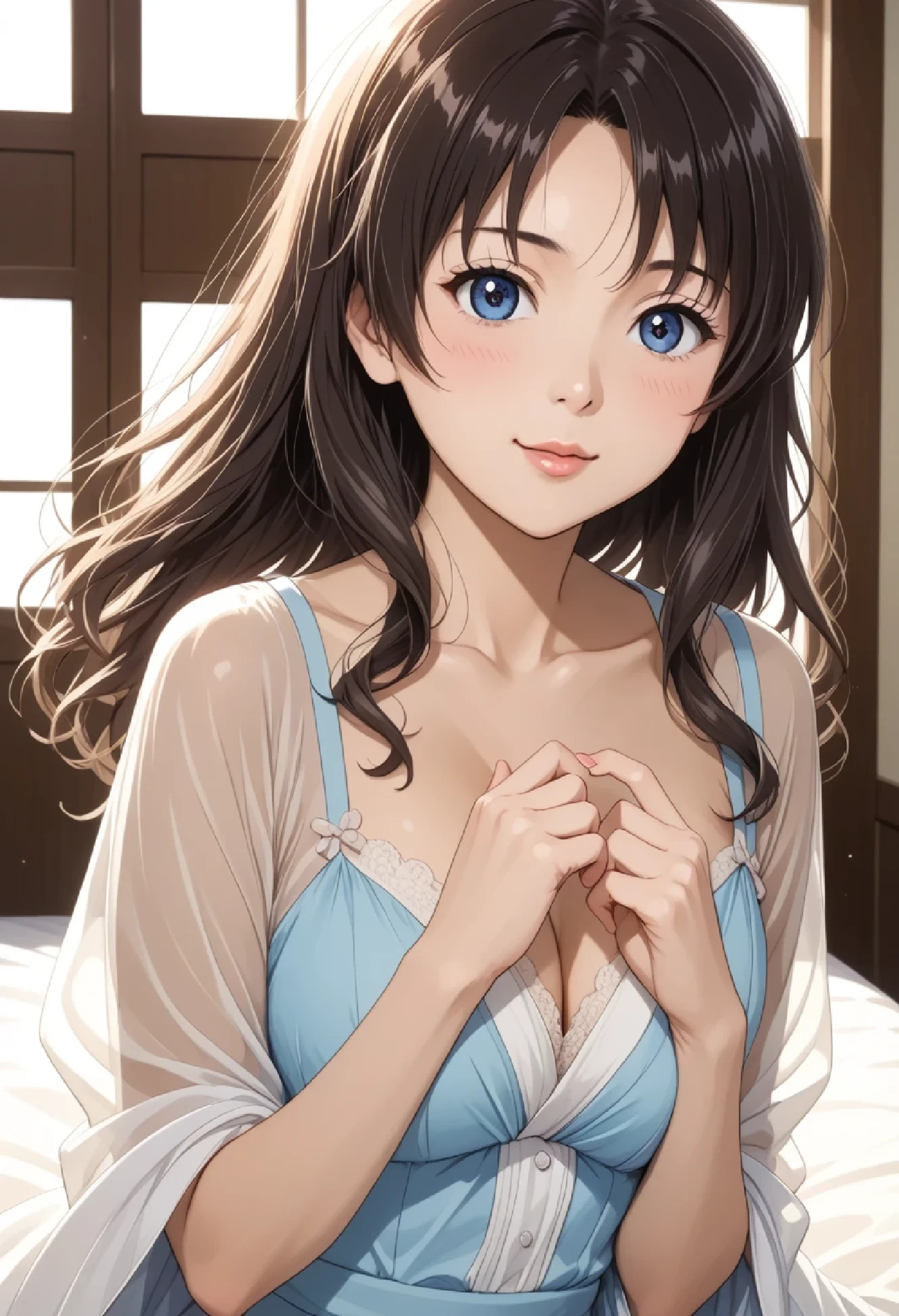 ((perfect )), (photo realistic), (very aesthetic), (highres), (detailed eyes), (top quality), (Realistic), (Super Detailed), (masterpiece), (top quality), (very detailed), (ultra detail), (Super detail), masterpiece, top quality, high resolution, Highly detailed hair, 流れるような髪, 繊細な質感, 細かい髪の細部, リアルな髪の陰影, 絹のように滑らかな髪, 強い影, 頑固な影, ドラマチックな照明, 逆光, 深い影, 若い顔立ち, とても大きな目, 黒髪, マインドコントロール, パイルドライバー, (素肌ボディハグ), トップダウンのボトムアップ, 脚を開いた, 掴まれ, panchira, (暗い部屋, 汗, 素肌の小剥き出しを掴む, clear hands, correct ズ), 4DCG, 超リアルで精細な画像, cinematic lighting, を着て, 屋外でポーズをとり, タイトフィットの, 体型を際立たせる半袖の青いボディスーツ, 明るい色の,