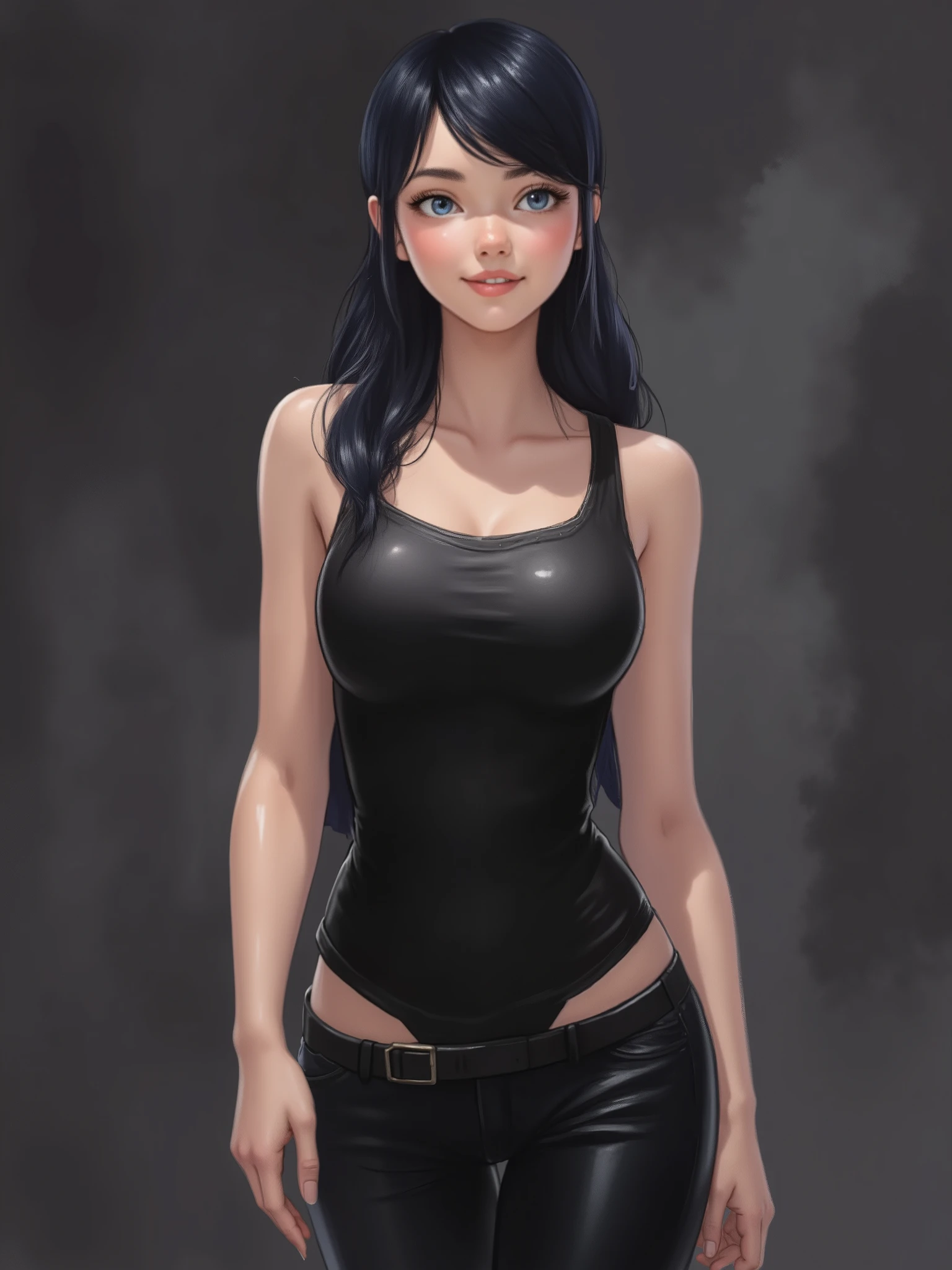 ncfx43, marinette Dopanchan, zavy-dtlnm, A very beautiful and cute 22 year old woman. Slight smile, long hair, deep gaze, blue eyes, western eyes, detailed blue eyes, beautiful eyes, natural pink lips, thin lips, detailed lips, beautiful lips, clear face. Fair skin, perfect body, round breasts, very feminine body, well-formed thighs, perfect proportions, perfect thighs, perfect anatomy, anatomical correct. Jet-black medieval fitted sleeveless tank top, jet-black medieval style tight leather pants. half body view, cowboy shot, RAW, standing, full body view, looking at the viewer, dynamic pose, graceful pose, view frontal. Bright lighting, vibrant colors, colorful, sharp foreground, clear image, sharp focus, soft depth of field, blurry background, bokeh background. Masterpiece, best quality, high resolution, top quality, high quality, UHD, 16k quality, no blur, film grain. The background is dark_gray and painted with expressive, visible textures using dynamic brushstrokes and strokes that add depth and movement. The paint covers only the area just behind the subject. The outer edges of the image with jet-black margins, as if the background had been painted with a brush and with expressive and visible textures using dynamic brushstrokes and strokes fading toward the edges creating a modern and artistic vignette effect.