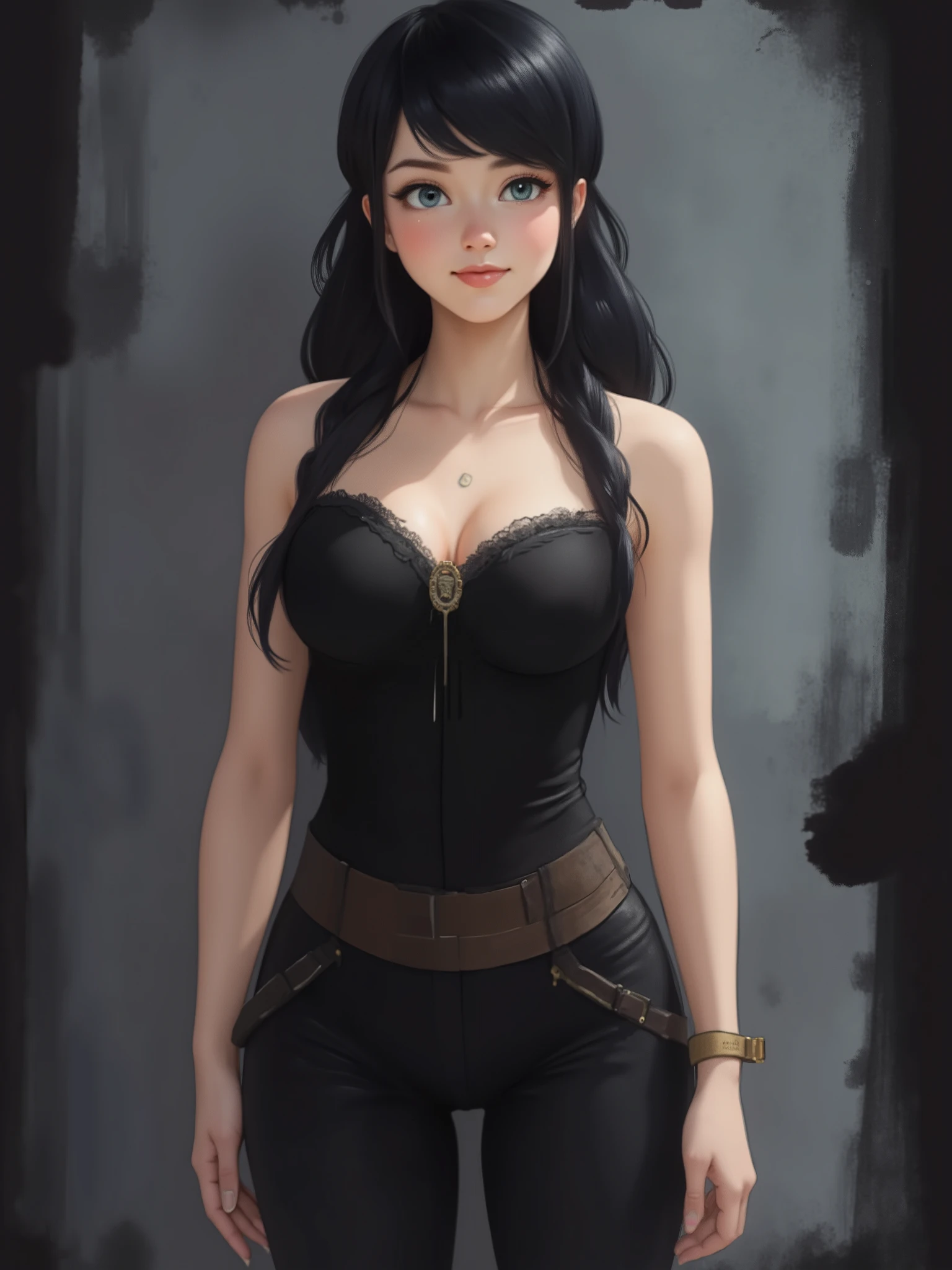 ncfx43, marinette Dopanchan, zavy-dtlnm, A very beautiful and cute 22 year old woman. Slight smile, long hair, deep gaze, blue eyes, western eyes, detailed blue eyes, beautiful eyes, natural pink lips, thin lips, detailed lips, beautiful lips, clear face. Fair skin, perfect body, round breasts, very feminine body, well-formed thighs, perfect proportions, perfect thighs, perfect anatomy, anatomical correct. Jet-black medieval fitted sleeveless tank top, jet-black medieval style tight leather pants. half body view, cowboy shot, RAW, standing, full body view, looking at the viewer, dynamic pose, graceful pose, view frontal. Bright lighting, vibrant colors, colorful, sharp foreground, clear image, sharp focus, soft depth of field, blurry background, bokeh background. Masterpiece, best quality, high resolution, top quality, high quality, UHD, 16k quality, no blur, film grain. The background is dark_gray and painted with expressive, visible textures using dynamic brushstrokes and strokes that add depth and movement. The paint covers only the area just behind the subject. The outer edges of the image with jet-black margins, as if the background had been painted with a brush and with expressive and visible textures using dynamic brushstrokes and strokes fading toward the edges creating a modern and artistic vignette effect.