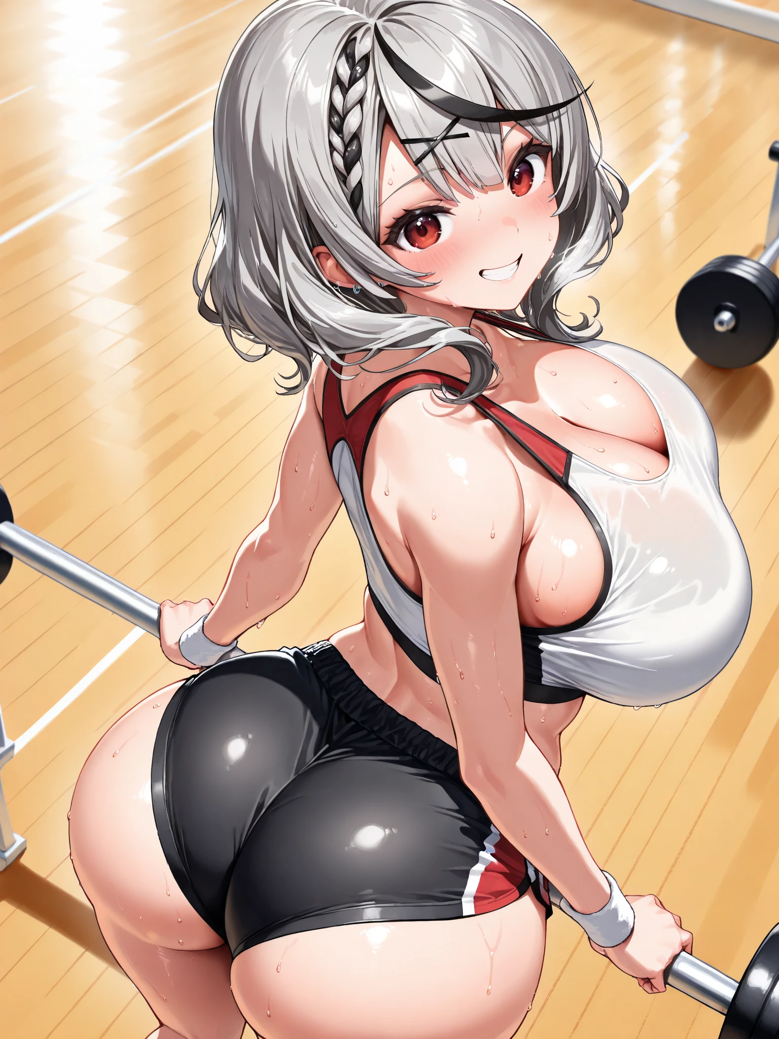 1girl, dark skin, silver hair, short hair, yellow eyes, dragon horns, muscular, , smiling, gym outfit, crop top, wide , (gym background, detailed background), milf