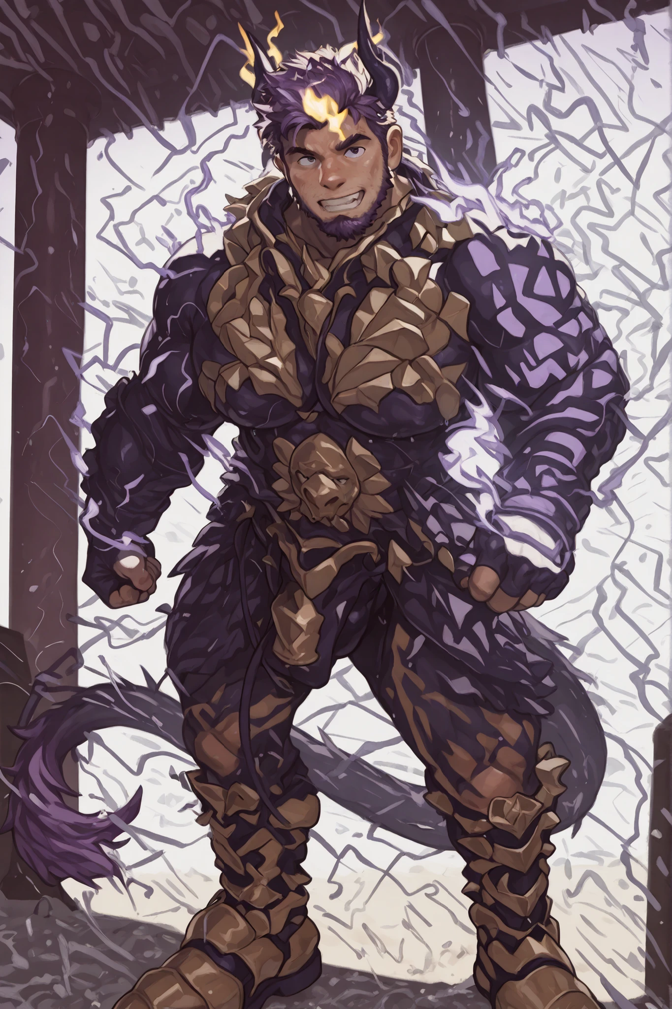 hairy male,arm hair,chest hair,male devil playing in a water park,switch to a larger image, Background of the depiction.、his genitals are not depicted、burning in a yellow flame,more than the character Realistic,horns growing from purple lightning,The upper half of his devilish face is covered {x} he has sideburns that look like he has painted his entire neck with metallic paint {X} purple lightning pattern on both sides of his hair,Purple beard,Devil's Face  , Background of the depiction of a devil wearing clothes, 8K High Resolution Art , nose, Eyebrows are purple flames,The horse's tip is a purple flameで燃えている,Gigachad's Muscular, Razielle IRL, Art Stationで人気, Male art, POV fur art, Switch to a larger image of God Poseidon, strong, Fat, Buccanarian's Body, SFW version, Art Stationの男性的な美的センス,Epidermal、Naked skin is dark gray、light purple,purple hair shines through,his hair shines fluorescent purple,his hair looks like a purple flame,Both sides of his hair are connected to his beard.。The horse's tip is a purple flame,The back part of the upper center is a king style devil with yellow hair,horns growing from purple lightning.,彼の性器はburning in a yellow flame,Background of the depiction is a realistic beach.,his genitals are burning with a yellow flame.。

