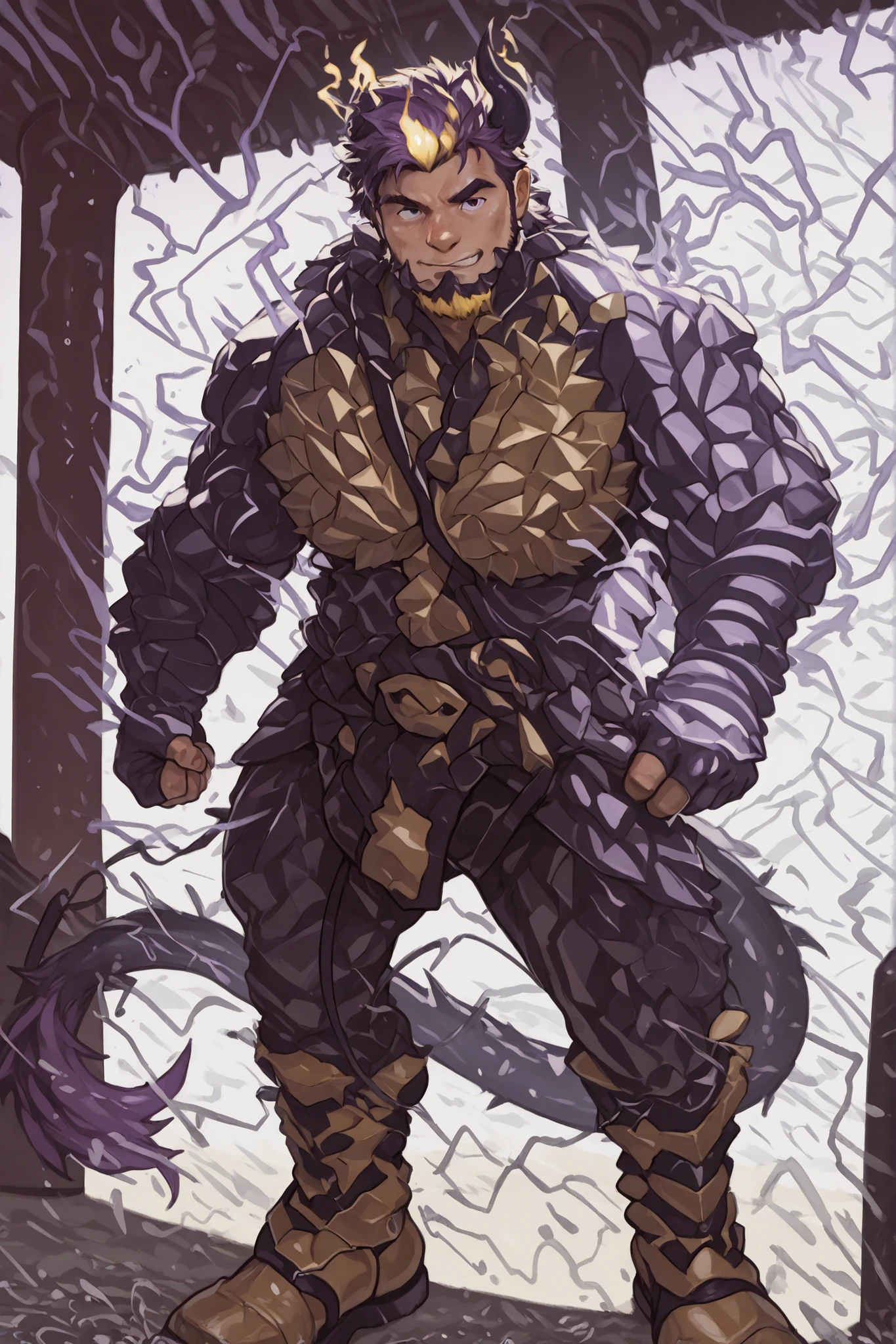 hairy male,arm hair,chest hair,male devil playing in a water park,switch to a larger image, Background of the depiction.、his genitals are not depicted、burning in a yellow flame,more than the character Realistic,horns growing from purple lightning,The upper half of his devilish face is covered {x} he has sideburns that look like he has painted his entire neck with metallic paint {X} purple lightning pattern on both sides of his hair,Purple beard,Devil's Face , Background of the depiction of a devil wearing clothes, 8K High Resolution Art , nose, Eyebrows are purple flames,The horse's tip is a purple flameで燃えている,Gigachad's Muscular, Razielle IRL, Art Stationで人気, Male art, POV fur art, Switch to a larger image of God Poseidon, strong, Fat, Buccanarian's Body, SFW version, Art Stationの男性的な美的センス,Epidermal、Naked skin is dark gray、light purple,purple hair shines through,his hair shines fluorescent purple,his hair looks like a purple flame,Both sides of his hair are connected to his beard.。The horse's tip is a purple flame,The back part of the upper center is a king style devil with yellow hair,horns growing from purple lightning.,彼の性器はburning in a yellow flame,Background of the depiction is a realistic beach.,his genitals are burning with a yellow flame.。