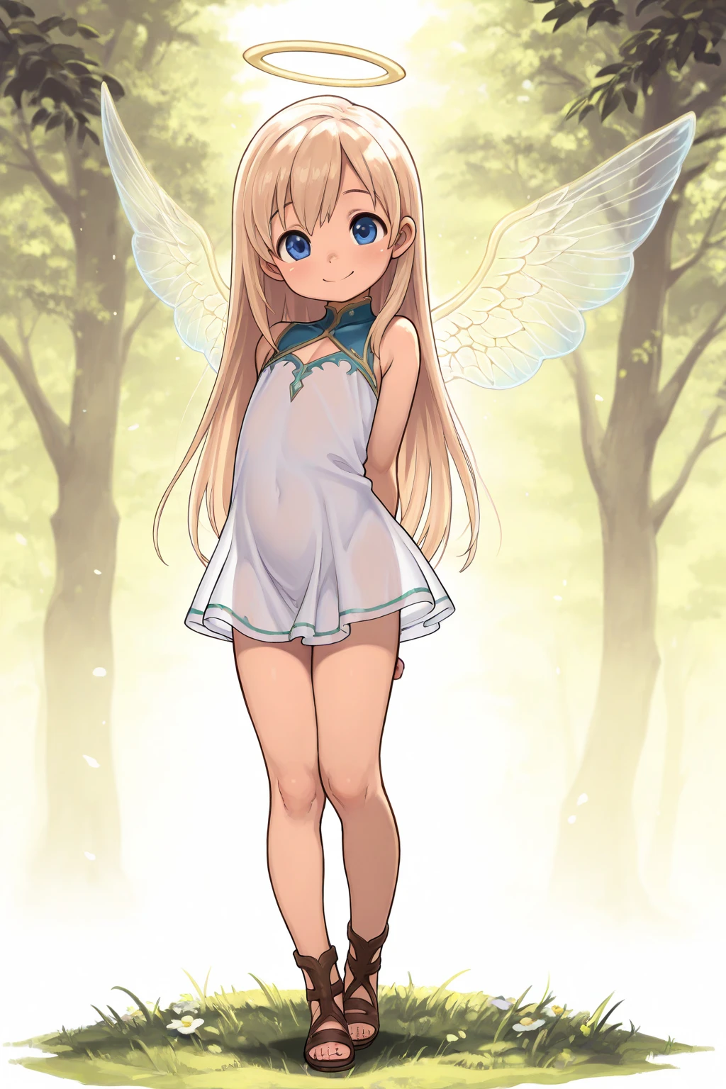 Showing the whole body, cute, baby face, big breasts, flying in the sky, in the forest, simple white dress, long hair, alone, short, fairy wings, honey blonde hair, orange eyes, barefoot