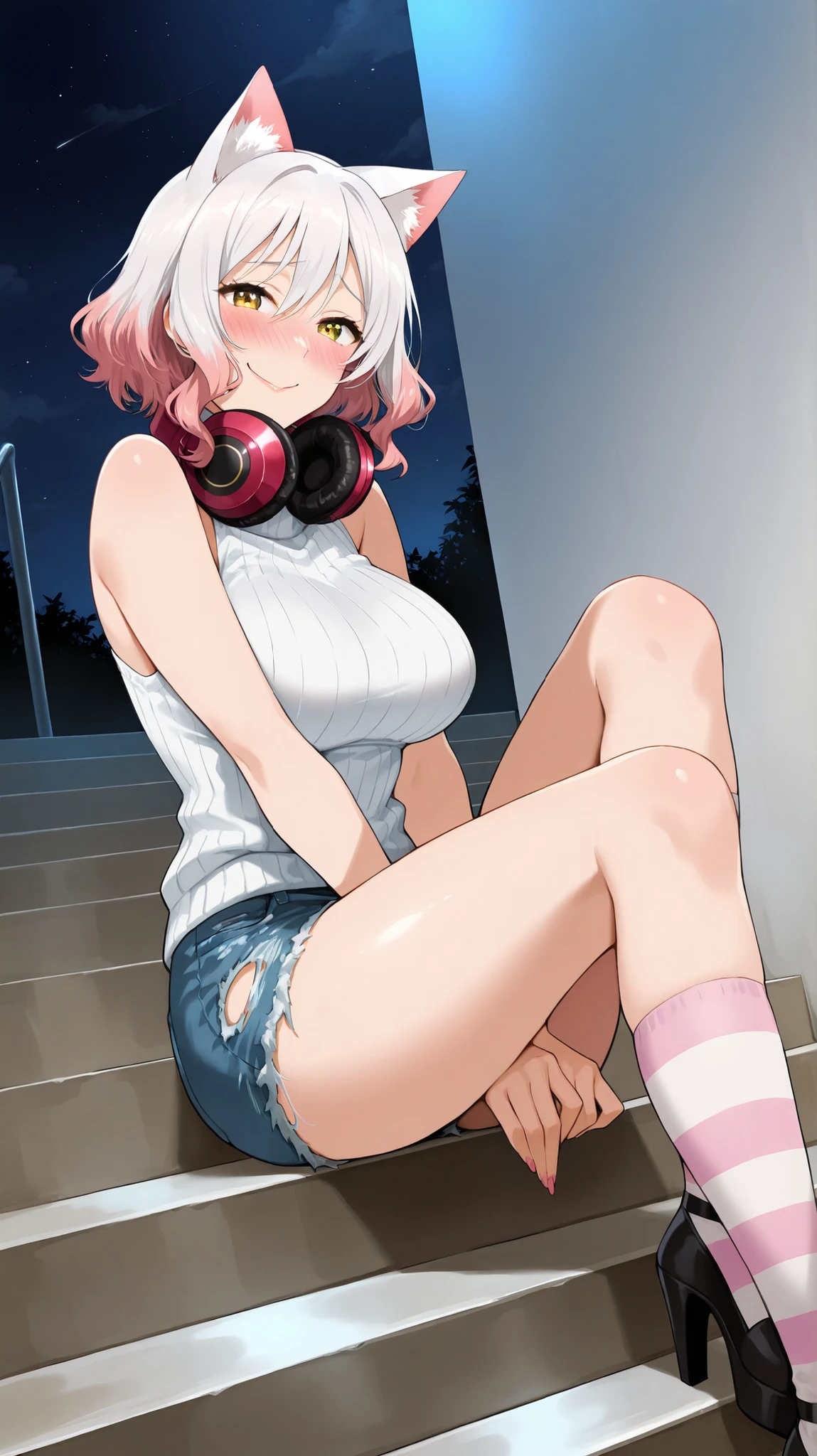 ((Studio: CloverWorks)) masterpiece , best quality , highly detailed , ultra high res , Score_9, Score_8_up, Score_7_up, perfect anatomy, detailed fingers, detailed big yellow eyes, cowboy shot, dutch angle, focus on face, masterpiece, detailed anime, Sharp Focus, lady, JK, detailed face, cat ears, short hair, white hair, mature woman, pink highlights, wavy hair, cheerful, smiling, very happy, joy in your eyes, knee, big breasts, solo (white sleeveless sweater, ripped denim shorts, black platform high heels, striped knee-high socks, Headphones around the neck, embarrassed, sitting on the stairs, night)