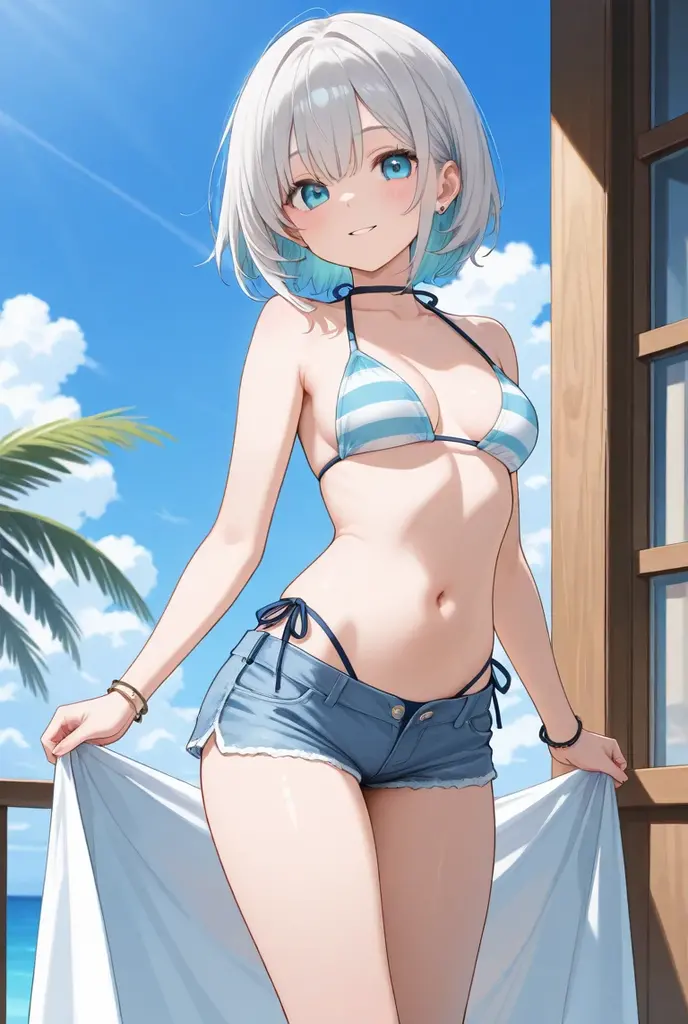 masterpiece, best quality, absurdres, perfect , 1girl, solo, white hair, hair bun, blue eyes, off-shoulder , floral print, standing, cowboy shot, beach scene, smile