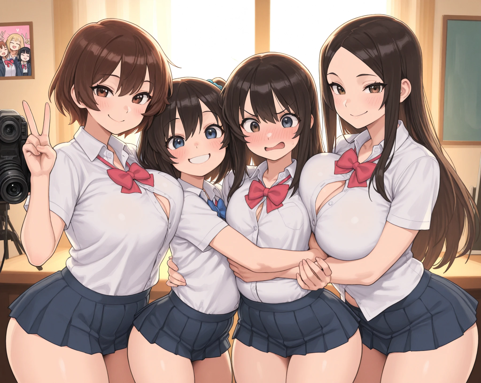 ((:1.3)),(Textured skin, Anatomically correct, Super Detail, high details, High quality, hight resolution, Best Quality, 1080p,4K),(Oneperson viewpoint, looking at viewer, subjective:1.4),

(Multiple girls in school gym storeroom),(women's school gym storeroom:1.3)
((Multiple girls, 10+girl with, Group photo of the girls, Group photo of the girls:1.5))
(Girls of different ages:1.5),(busts of all sizes:1.5),(women with various sporty hairstyles:1.5),
(inviting you to have ),

((line up slouching:1.5)),(leaning forward:1.3), (hands on knees:1.3)
(from directly below, from below:1.5),(looking down:1.5)

(summer school uniform:1.5),
,(tops lift:1.3),(skirt lift:1.3)

,(enraptured face:1.4),(naughty expression:1.2),( smile:1.5), smile, excited smile, 
(blush, face blush, blushing:1.3),(heavy breathing, steam:1.3)

(Large quantities of :1.5),((:1.5)), ( covered face:1.8),( on breast:1.3),( on hair:1.3),