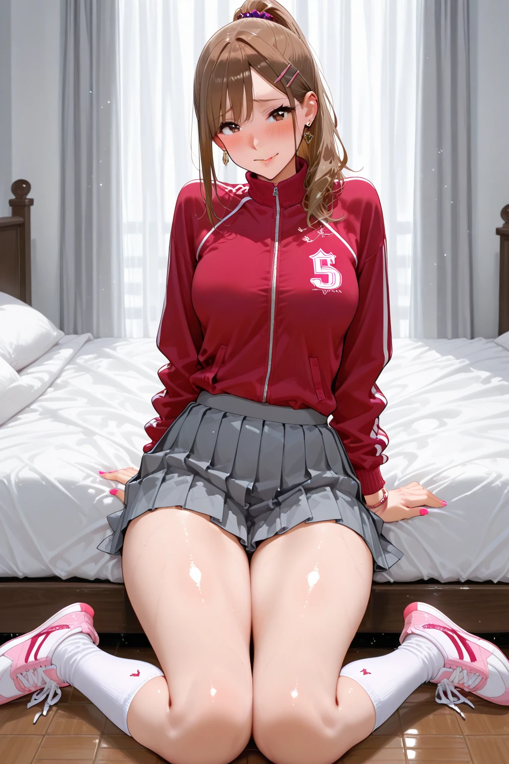 Masterpiece, best quality, high quality, extremely detailed CG unity 8k wallpaper, 16k quality: 14:24
(Unbeatable masterpiece, ultra-realistic 8k CG, perfect artwork, perfect female figure, dramatic shadows, ray tracing) 16k quality, (spotlight, perfect lighting, detail light, dramatic shadows, ray tracing), (clean, shiny skin, delicate face, super idol face, extremely delicate and beautiful: 1.2), from below, extremely delicate beauty, bangs, , front convex back upturned, black sport short vest vest blue eyes,  smile, smile, 16k quality, Award-winning photography, fine detail, realistic light and shadow, 8K resolution, 16K ultra-high image quality, Real texture 5.0, a beautiful girl, exquisite facial features portraying a perfect face, big eyes, double eyelids, lying silkworms, delicate facial portrayal, ultra-detailed, cold, cold, cold and proud, naturally beautiful, peerless face, beautiful, charming and moving, bangs, black long straight, sweating, front and back upturned, model body, big-breasted beauty, black T-line pants, , smooth floor, gymnastics room, indoor background, open thighs to squat in M-shaped leg pose, facing the audience