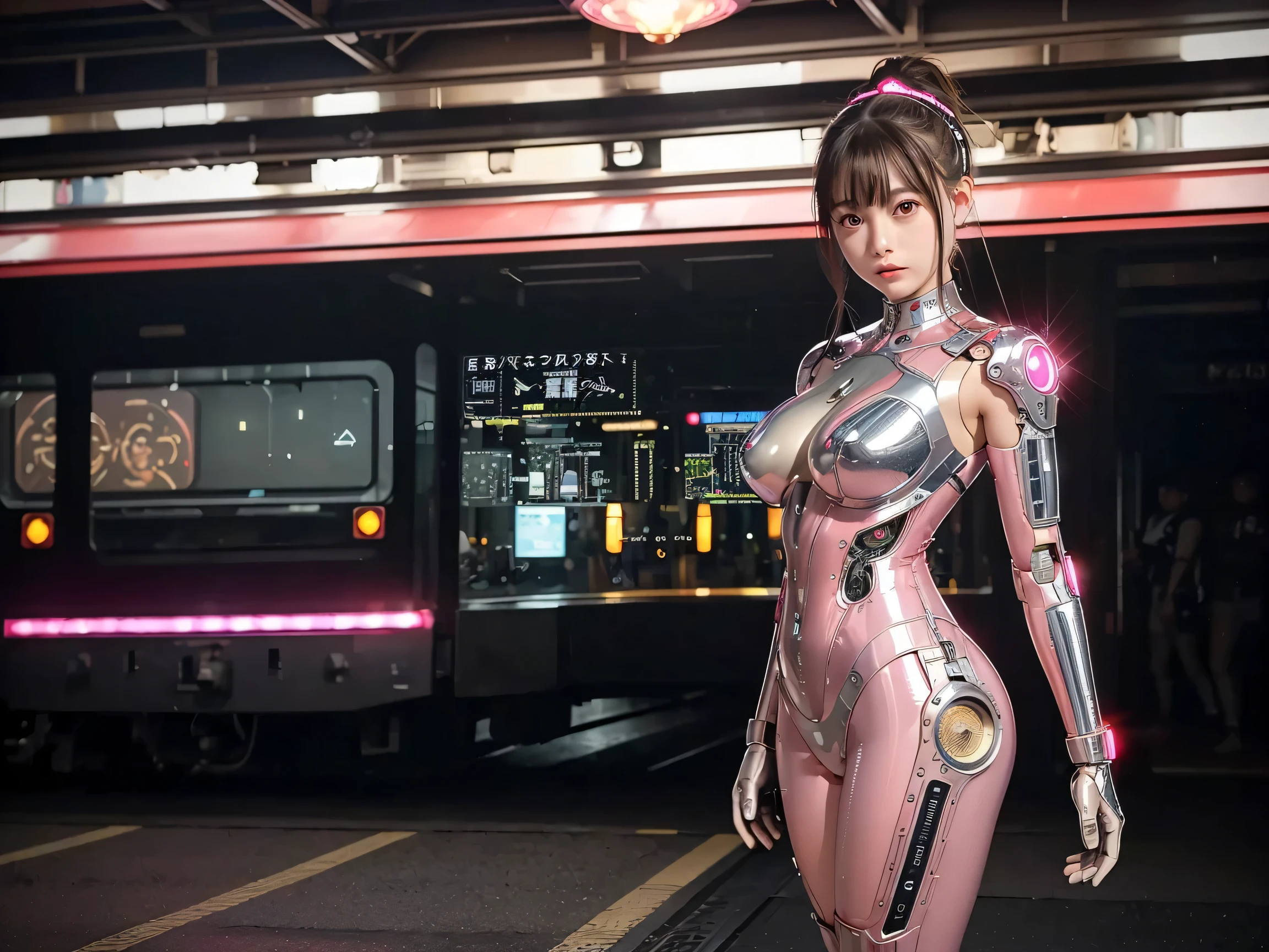 (Photorealsitic:1.4)、Onegirl、(top-quality),(hyperdetailed face)、(Super well-formed face)、((Robot Parts))、(Cyborg girl)、(gold)、(pink there)、(metalic)、(fullllbody)、(sexy  pose)、(Slender body)、(tits out)、(Model body type)、(mecha exposure)、(akihabara)、(is looking at the camera)、(A dark-haired)、(９Head and body)、(a small face)、(Idol)、(front facing)、(is standing)、(Photo session)、(Looks sad)、(Cyborg girl in Burgundy satin dress)、(sleeve less)、(a miniskirt)