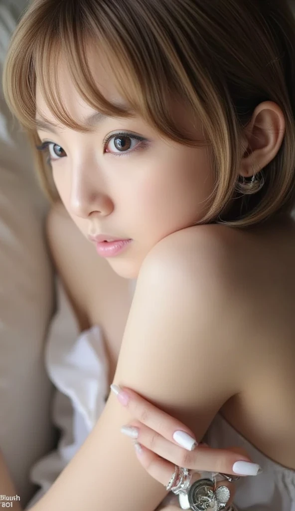 , 8k, High-level, absurd, masterpiece, best quality, primitive, very detailed CG, very detailed wallpaper, perfect lighting, Extremely detailed (((The personifying " Uma Thurman in Kill Bill " as a Little Girl))), MysticSight, Tyndall effect, Tyndall scattering, Studio gray background with (many Dazzling RainbowColor particles BokeH:1.28), (RoundlyButts, ThighGap), (:0.4), ( with looking ahead), BREAK (NOGIZAKA face variations) Extremely Detailed very KAWAII face variations, perfect , Childish, captivating gaze, elaborate detailed Eyes with (sparkling highlights:1.28), long eyelashes、Glossy RED Lips with beautiful details, Coquettish tongue, Rosy cheeks, Radiant PearlSkin with clear transparency . { (Dynamic LifeLike expressions:1.4) | :d) }, (large eyes:-1) .