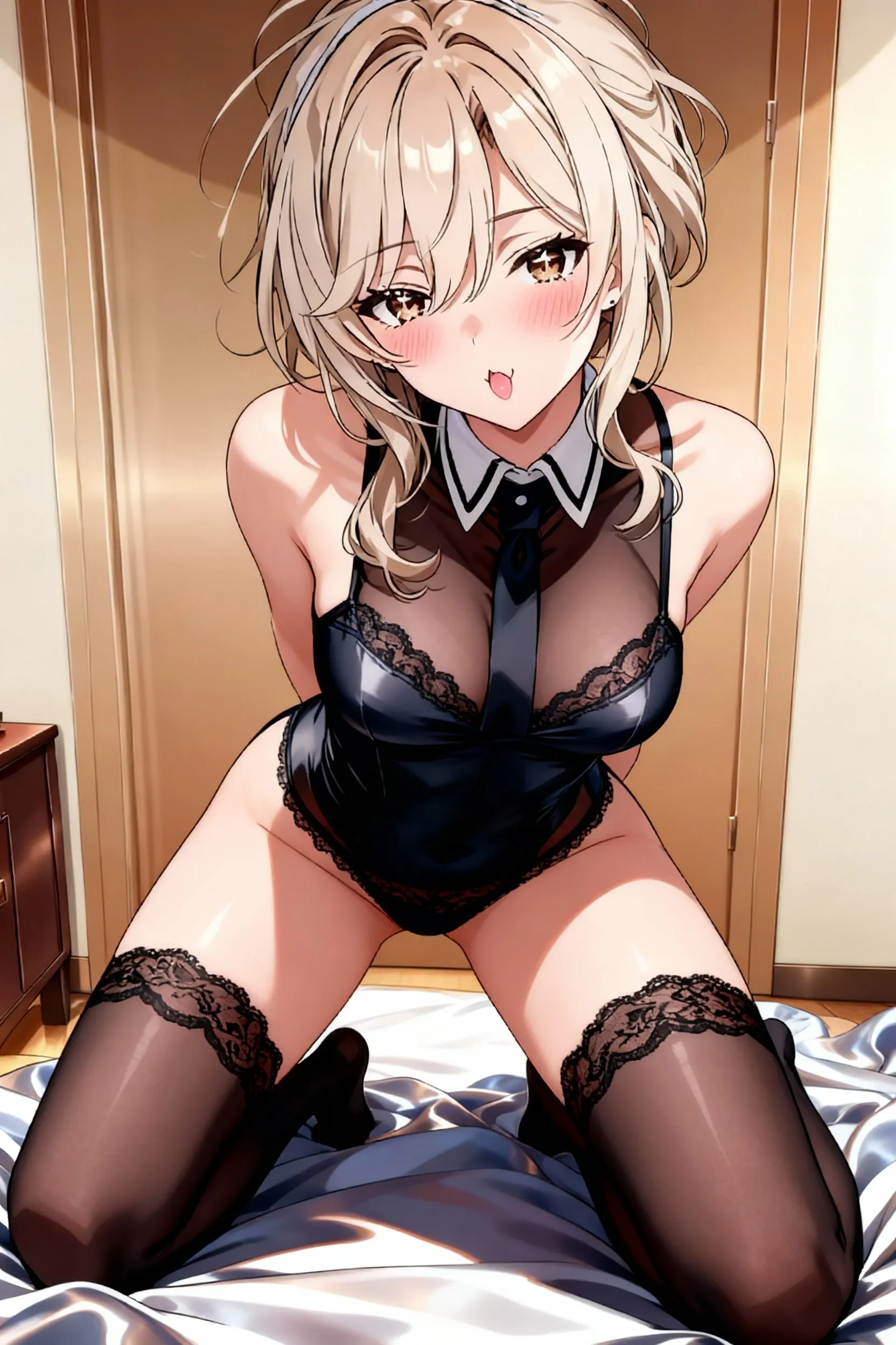 ((Correct Anatomy)),((stockings)),((Beautiful breasts)),((Lace panties)),((Lace bra)),(((Maid clothes))),((Beautiful feet)),((Spread your legs wide)),((Sweat all over the body)),((skirt)),((Luxury Bed)),((Sleep on your back)),Ultra-high resolution, Mature Woman, Mature Woman, Very detailed, ((Big Tits)), Perfect hands, Detailed fingers, Beautiful details,((Long blonde hair)),((ponytail)),((High heels)),Earrings,Perfect Eyes, Seductive eyes,