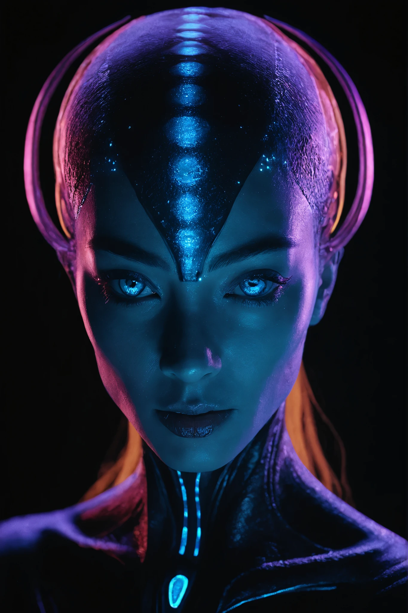 close-up, full length, absolutely  blue alien humanoid female cybernetic face from another planet ,looking at me, flirt,, ultra high quality detailing