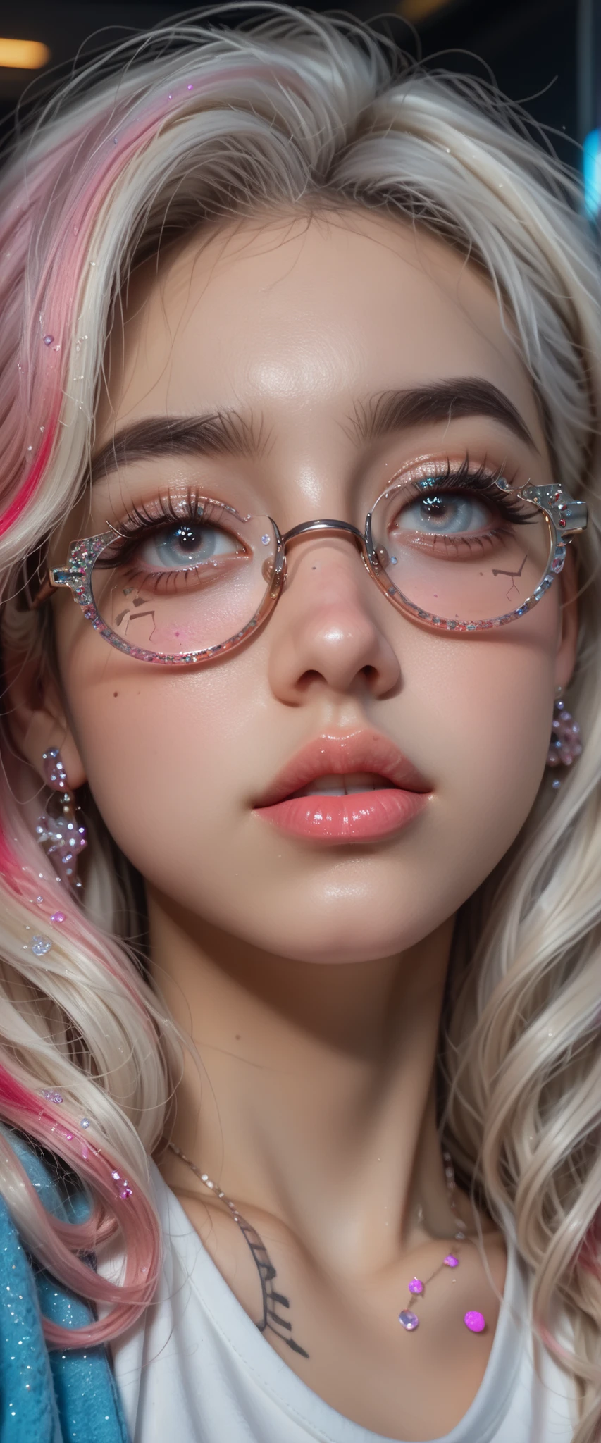 ((centered image, a close up of a beautiful woman with exaggerated features caricaturized in the kawaii style :1.52, thick, fleshy lips with kissable glitter , great with glitter and highlights , false eyelashes and long eyes :1.5 , Beautiful face of a cyberpunk girl , great digital art with details, She wears glasses you can see the reflection in the glasses of the glasses :1.5)), arte digital. body masterpiece , Detailed woman, full lips in the style of Angelina Jolie , Long false eyelashes , eye makeup, blushed lips and cheeks , She wears earrings all over her ear like piercings and has a ring embedded in the ovum of her ear, a piercing on the lips and nose , , Brandon Woelfel, Of the tattooed face, tattoos and piercings, realistic digital art 4k, 4k realistic digital art, tattoo style, Art Cyberpunk style, Girl with glasses , claroscuro, Cinema lighting , Optical illusion , HD , U HD , retina, body body masterpiece, Precise, Anatomically correct , Textured skin, super detail , Tall details, High quality, awarded , falda de High quality, high resolution, 1080P, HD , 16K
