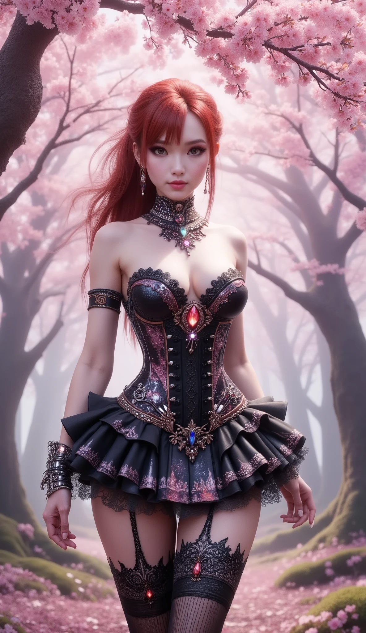 A futuristic fantasy-themed stands beneath cherry blossoms, red hair, wearing a black white Strapless corset-like dress with a deep cleavage, Her outfits blend gothic elegance with cyberpunk technology, adorned with sparkling jewels and intricate magical embroidery. The dress has a structured hourglass silhouette, softly shimmering in pastel hues. She also wears a ruffled mini skirt with a galaxy motif, thigh-high jewels, very long and thick lace stockings that reach down to the crotch with a black lava and flames motif with chain garters, a bracelet that wraps around her thighs, and an ornate red crystal necklace around her neck. The overall look is ethereal, celestial, and elegant, evoking a magical guardian from a fantasy world. The lighting is soft, the atmosphere springtime, and the forest backdrop is enchanting.