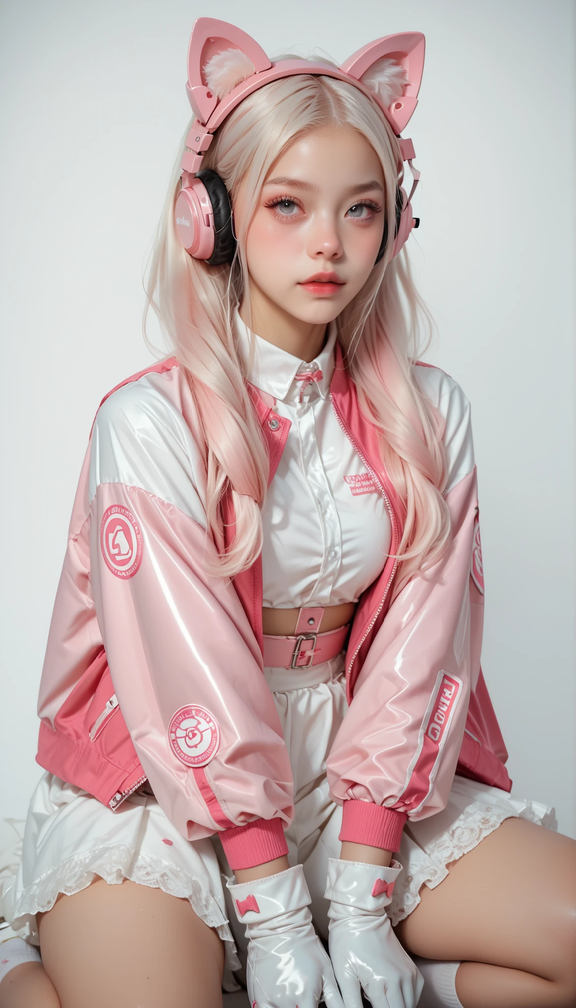 A woman wearing an Alicia , wears a tight pink body and a short pink jacket with long sleeves and bicolor gloves., cosplay costume and white socks and white cosplay shoes , She has long hair with two pink pigtails with headphones shaped like animal ears
