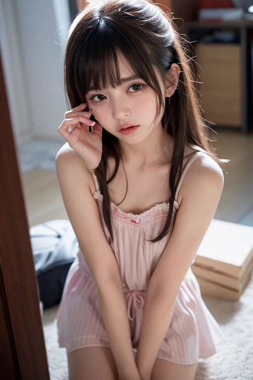 zora々nice girl, small bust, fine eyes and lips, beautiful hair, delicate features, soft and innocent look, wearing a dress, bask in the warm sunshine, Enjoy the breeze, Moderately: Oil, Exquisite brush strokes, Capture every delicate detail, High resolution, bright colors, super masterpiece:1.2, soft pastel color palette, highlight the girl'innocence and purity, Natural light, Create a warm and cozy atmosphere.、innocent smile、hair blowing in the wind、rosy cheeks、Photographed from directly below、thighs thighs、on the bed in the bedroom、gush、(In 4K, highest quality, High resolution:1.1), (reality, realistic:1), (cute type:1.8), alone,  fine eyes, brown eyes, innocent eyes, blush, masterpiece, beautiful light, movie lighting, Movie Particles, Jewelry is, heart shaped earrings, bangs, Cherry lips, look at the audience, ponytail, side ponytail, written boundary depth, background blur, focus of the eye, 85mm lens, BreastsF/1.4, professional lighting, photon mapping, radio city, Physically based rendering, high detail, pieces fly,gush、sexy
