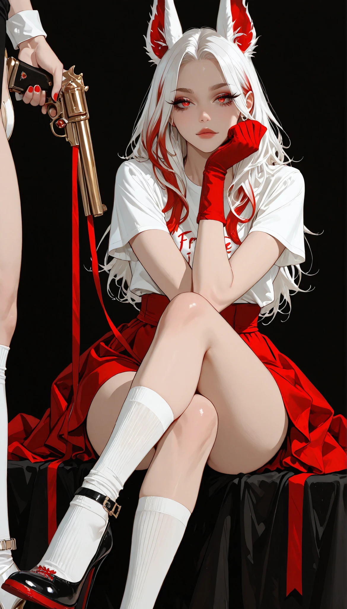 a beautiful young girl, 4k, ultra detailed , Cara hermosa y expresiva , long eyelashes , wearing elegant white heels , legs crossed , sexy, perfect ,piel brillante, young, Feminine style cartoon characters , with white hair a gold and red dracula behind the hair , a white beard like Free Fire , black , short sleeve t-shirt with red glove , written in red on the brush "free fire", red skirt with white bottom edge , with a gun in his hand , long white thigh-length socks with a thin red ribbon on the side of the sock, a red and black sneaker on the foot with face and ears , black background
