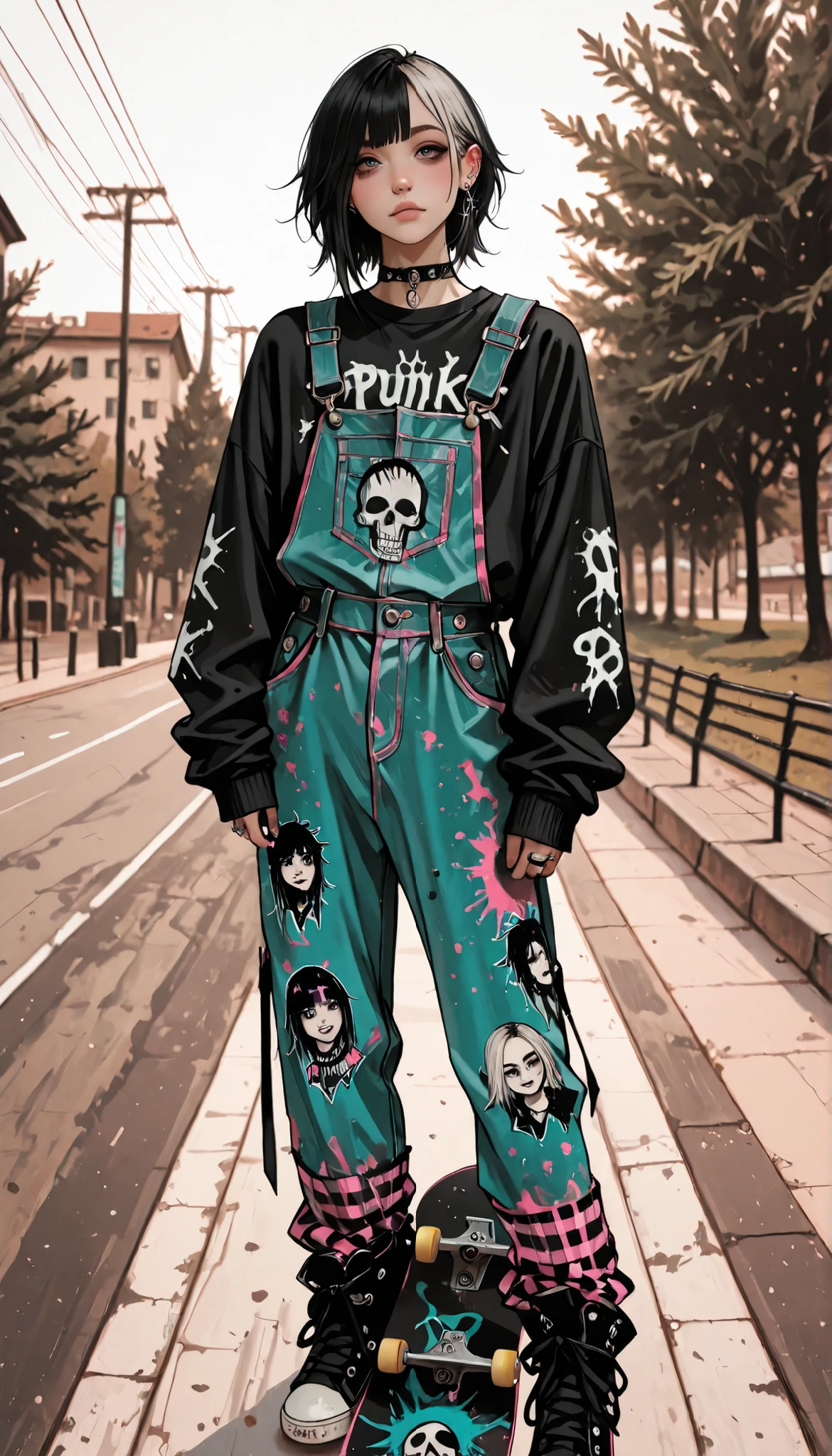 Full leather overall, ring:1.3, young girl with a skateboard on a skate ramp in a park, a photo of Lucia Peka , tumblr, painted, hip emo fashion , grunge style, cool style , young grunge punk rock teen girl , grunge fashion , emo style, An emo girl, skater style , Casual clothing style, street fashion outfit , Attractive Tomboy Girl , wearing a punk outfit, punk outfit