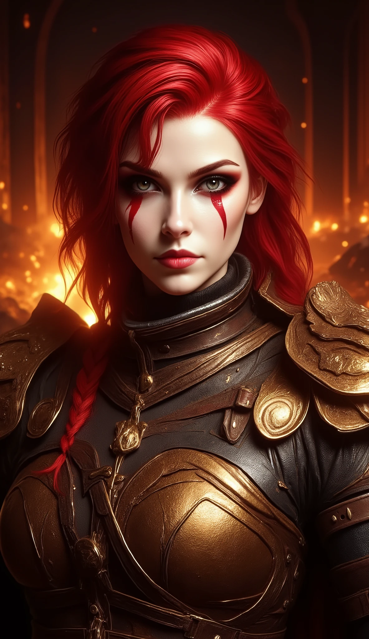 Ultra-realistic 8K vertical portrait, 9:16 composition, strong-featured female warrior inspired by Kratos only beautiful, with pale skin and a detailed red war paint marking across her left eye and on her body. Expression is intense and focused, with slightly narrowed golden eyes looking directly at the viewer. The head is perfectly centered in the frame, captured from waist up, slightly below eye-level angle to emphasize strength. The warrior wears weathered leather and bronze armor with fine engravings, including only one shoulder piece with straps, and metallic clasps, leaving the other shoulder bare, all with visible wear and realistic textures. Her crimson red hair is styled in a single braid that falls over her shoulder, an undercut on the left and side bangs that frames her face beautifully. Lighting is soft yet sets the mood perfectly, creating natural highlights on the facial features and armor while casting subtle shadows for depth. The background is a hellish landscape with bursting lava and ash casting an intense, dramatic lighting, keeping depth-of-field shallow to maintain subject focus. Skin shows realistic pores and minor scars. War paint includes a thick stripe over her left eye and appears naturally applied with visible brushstroke texture and slight fading on edges. The overall scene is cinematic, sharp, and free from distortion, with coherent anatomy, proportional facial structure, and seamless blending between skin, hair, and armor.