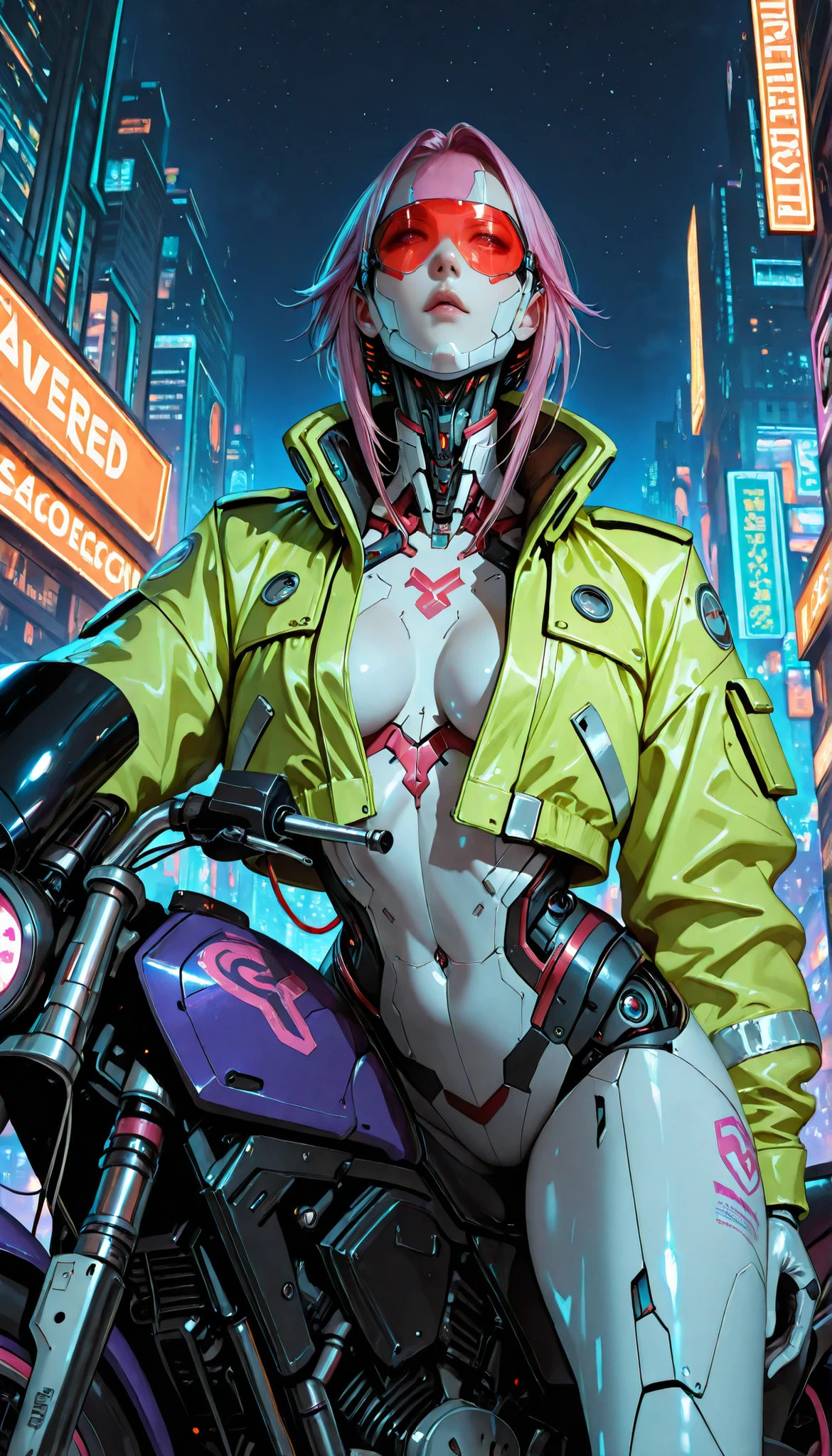 ((Impresionante ilustración de anime de masterpiece.)), ((extremely delicate and beautiful cyber girl)), (( Very detailed and uncovered face )), ((Mechanical member , )), (connections of tubes that connect to the neck:1.2), ((mass of wires and cables in the body)), ((wearing flashy Harajuku tech jacket with logo)), (pose dinámica), ((futuristic motorcycle on left side)), ((night sky with smog)),(masterpiece), (((mejor calidad))), ((ultra detailed)), ( highly detailed photorealistic CG illustration ), cinematic lighting, science fiction, Extremely detailed,showy, mayor detalle , (((cyberpunk city background, (Rewarded accommodation), district of harajuku))), adult content