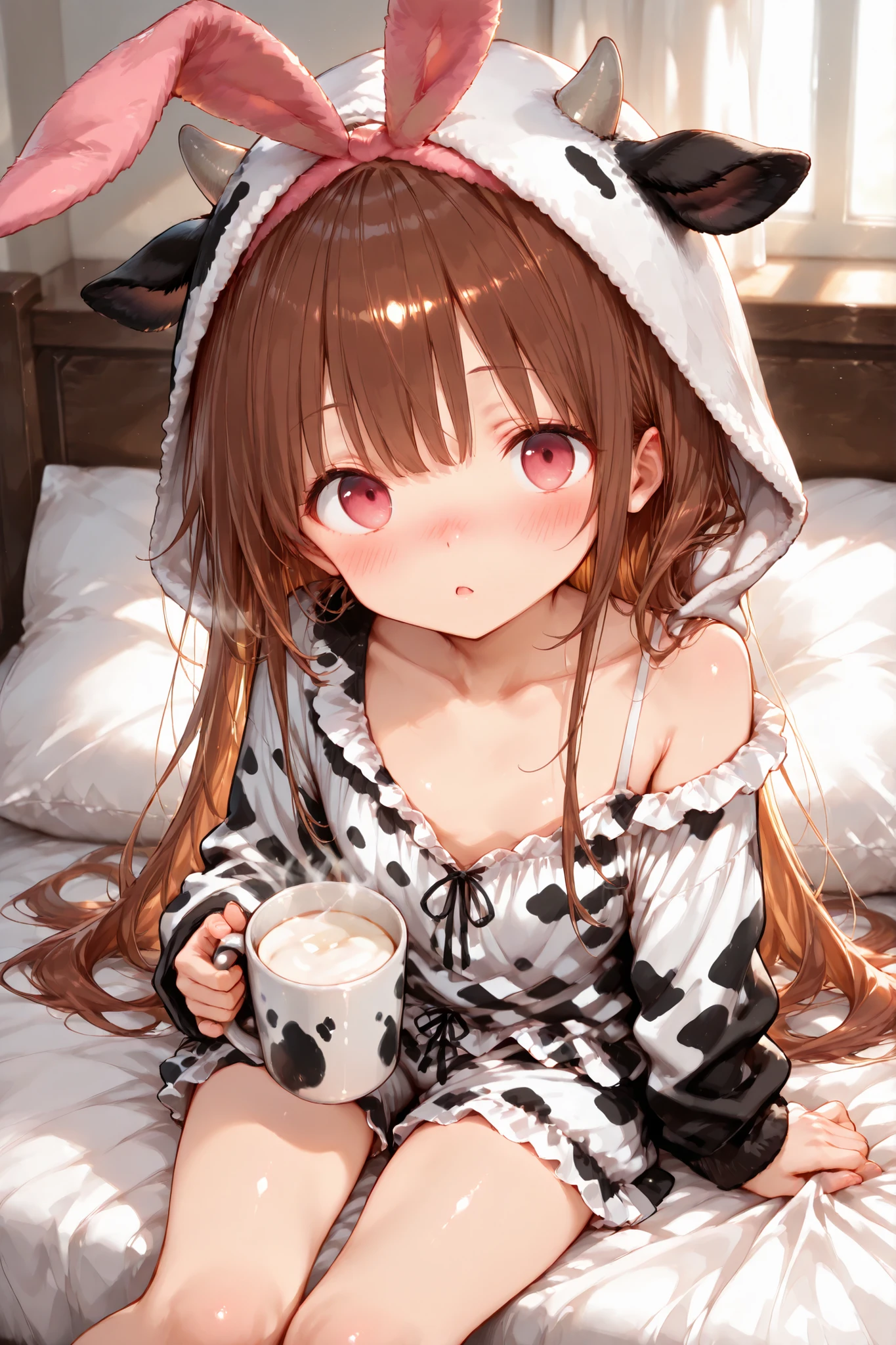 Shiny skin, Babe, character, meroko.
masterpiece, best quality, ultra detailed, high resolution, 8k, anime style,
dynamic lighting, soft warm indoor bedroom light,
a cute anime girl.
# body.
very flat chest, skinny figure, slim waist, long legs.
pink eyes. (half open eyes:0.8).
# hair.
chestnut brown wavy long hair reaching shoulder blades,
natural loose waves.
# expression.
tired sick expression,
slightly open mouth, weak slow exhale,
heavy blushing on cheeks and nose,
eyes half-open and unfocused, looking at viewer,
feverish low-energy aura.
# outfit.
wearing cow print pajamas, (black and white spotted cow pattern:1.3), (hooded pajama:1.3), button-up pajama shirt, elastic waist pajama pants, cozy sleepwear, bedtime outfit.
soft fluffy material, cozy warm texture,
(hood worn shallowly on the head:1.3),
(pink bunny ear headband extending out through the hood gap:1.3). Blanket on knees.
# pose.
sitting half upright on the bed,
upper body slightly raised with pillow support,
legs covered by a blanket up to the thighs,
holding a warm mug filled with hot milk with both hands,
slightly hunched posture due to sickness.
# background.
quiet bedroom interior,
soft blankets, warm gentle room lighting.
# props.
white mug of hot milk with faint rising steam.
# composition.
from above, diagonal angle,
viewer looking down at her from a soft tilted top-down perspective,
intimate weakened morning atmosphere.
# outline.
fine line art, delicate line drawing, thin outlines, clean outlines, minimal noise.