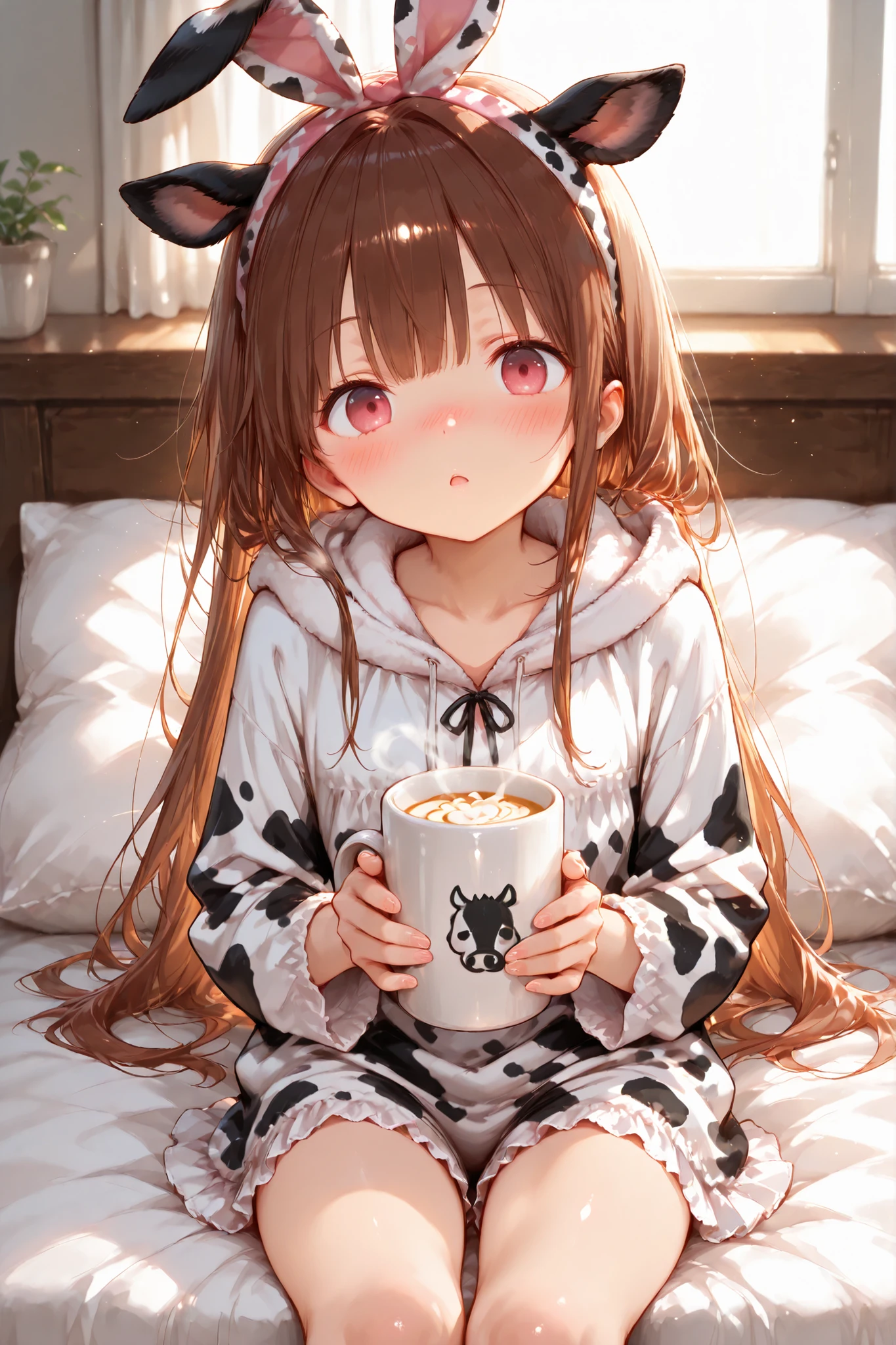 Shiny skin, Babe, character, meroko.
masterpiece, best quality, ultra detailed, high resolution, 8k, anime style,
dynamic lighting, soft warm indoor bedroom light,
a cute anime girl.
# body.
very flat chest, skinny figure, slim waist, long legs.
pink eyes. (half open eyes:0.8).
# hair.
chestnut brown wavy long hair reaching shoulder blades,
natural loose waves.
# expression.
tired sick expression,
slightly open mouth, weak slow exhale,
heavy blushing on cheeks and nose,
eyes half-open and unfocused, looking at viewer,
feverish low-energy aura.
# outfit.
wearing cow print pajamas, (black and white spotted cow pattern:1.3), (hooded pajama:1.3), button-up pajama shirt, elastic waist pajama pants, cozy sleepwear, bedtime outfit.
soft fluffy material, cozy warm texture,
(hood worn shallowly on the head:1.3),
(pink bunny ear headband extending out through the hood gap:1.3). Blanket on knees.
# pose.
sitting half upright on the bed,
upper body slightly raised with pillow support,
legs covered by a blanket up to the thighs,
holding a warm mug filled with hot milk with both hands,
slightly hunched posture due to sickness.
# background.
quiet bedroom interior,
soft blankets, warm gentle room lighting.
# props.
white mug of hot milk with faint rising steam.
# composition.
from above, diagonal angle,
viewer looking down at her from a soft tilted top-down perspective,
intimate weakened morning atmosphere.
# outline.
fine line art, delicate line drawing, thin outlines, clean outlines, minimal noise.