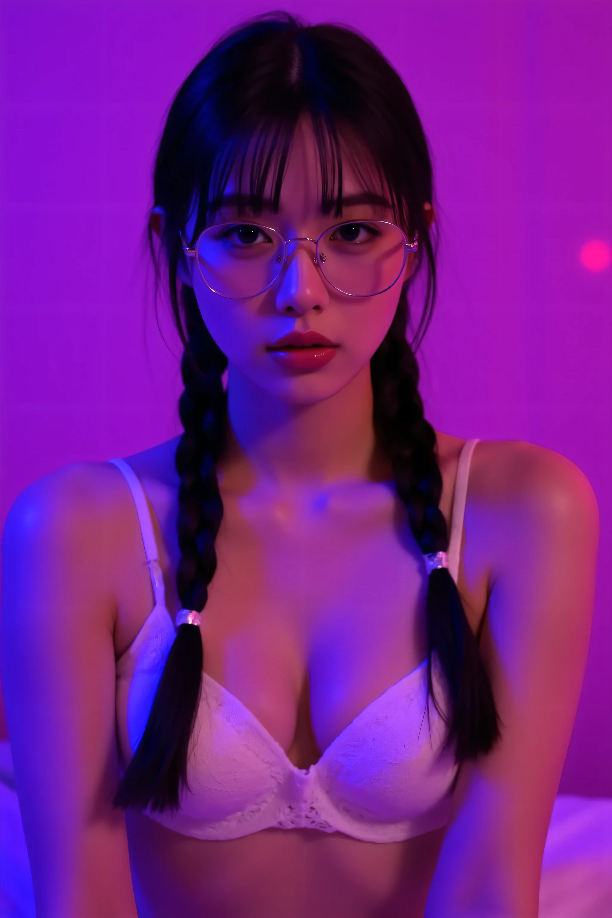 ( best masterpiece、 top quality、 winning works )、(1 high school girl:1.1)、(A petite girl with narrow shoulders:1.8)、(plain glasses with thick edges:1.5)、(long braid twin tail hair in a low position:1.8)、(Wear only a white lace bra:1.5)、(Bust up photo:1.1)、perfect portrait photo、 Bright, beautiful skin from above 、(sitting on a bed:1.3)、( purple and pink obscene luxury bedroom background :1.5)、( purple and pink moody lamp lighting :1.5)、(tyndall effect:1.2)、(very moody and romantic pink and purple lighting:1.2)、(small breasts:1.3)、very white skin、tyndall effect、without makeup、perfect and beautiful face in light fog、clearly depicts beautiful facial details