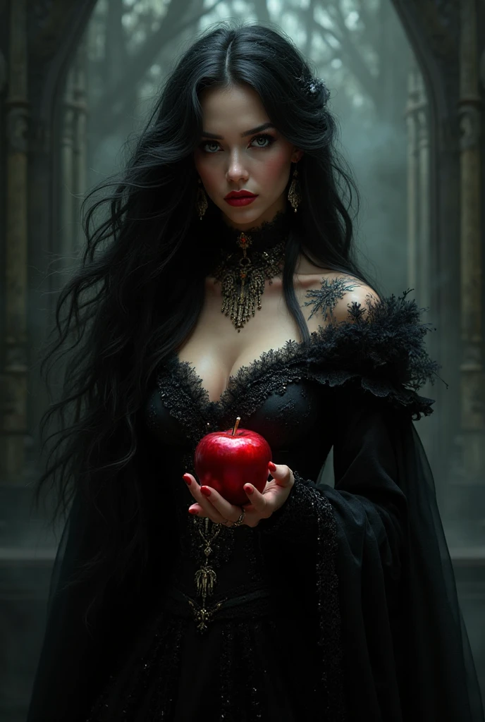 luxurious araphed woman in black dress and crown,black queen witch,Beauty,,girl,black long hair，Black queen，Accessories，An apple in your hand，poisonous apples，Queen Witch，Red lipstick