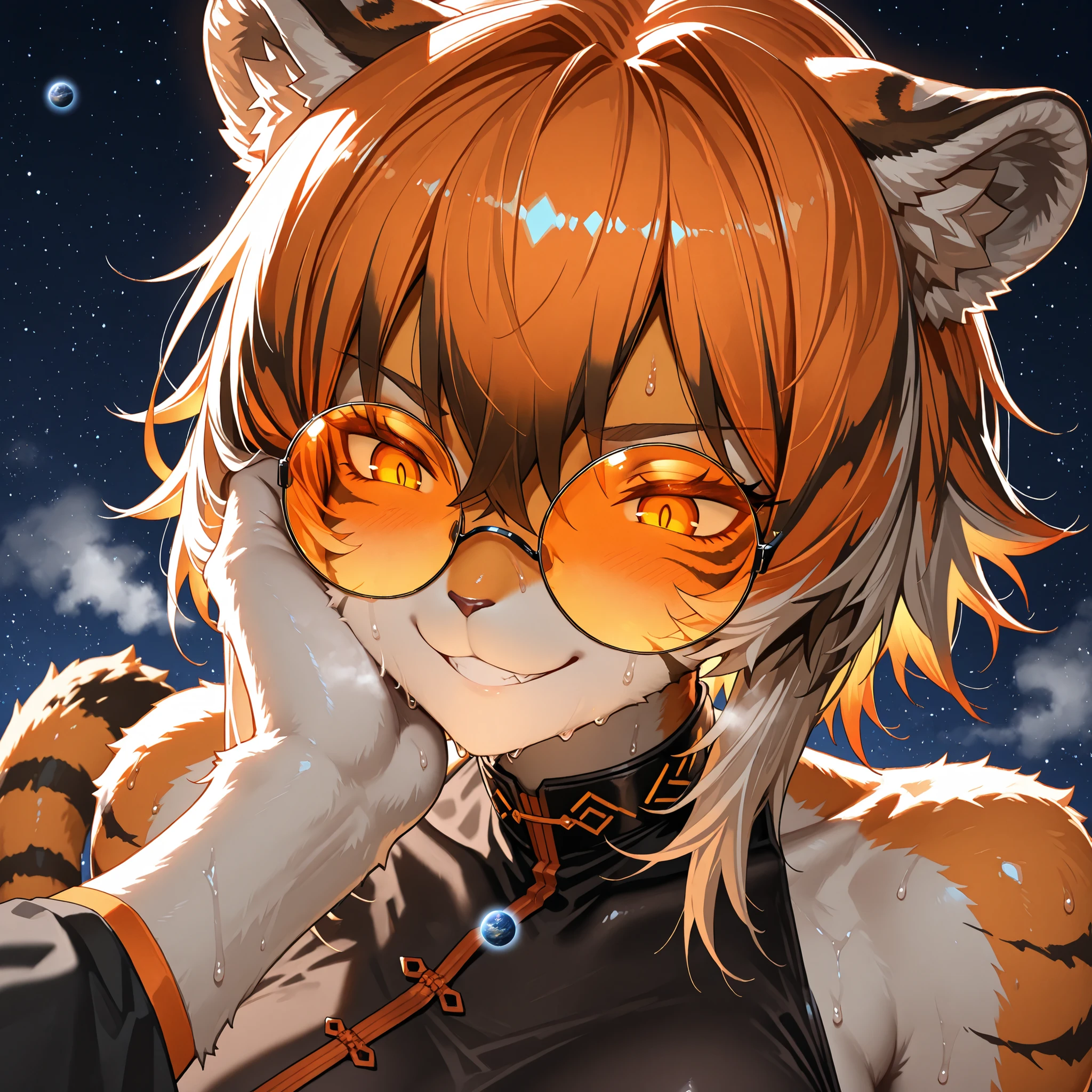 waaifu_arknights, (masterpiece, Highest quality, Ultra-high resolution), Glossiness, shiny, sweat, steamy, furry female, tiger ears, orange hair, tiger girl, short hair, multicolored fur, tiger tail, orange-tinted eyewear, cool backlight, macro, giantess, tiny planet, space giantess ,(focus on face), (close up), lewd smile