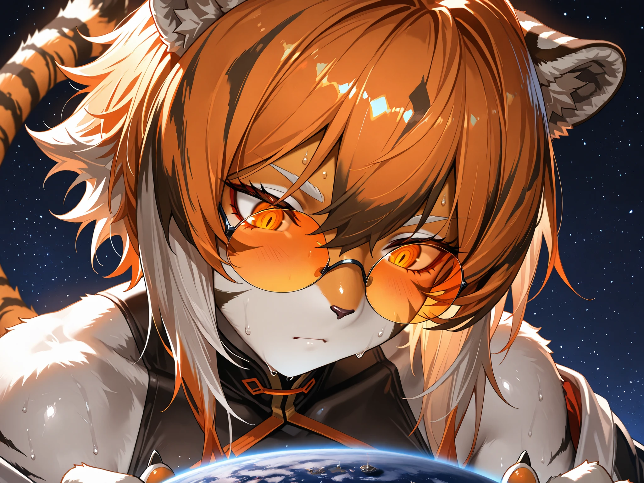 waaifu_arknights, (masterpiece, Highest quality, Ultra-high resolution), Glossiness, shiny, sweat, steamy, furry female, tiger ears, orange hair, tiger girl, short hair, multicolored fur, tiger tail, orange-tinted eyewear, cool backlight, macro, giantess, tiny planet, space giantess , deep space background, looking down, (focus on face), (close up), focus on eyes