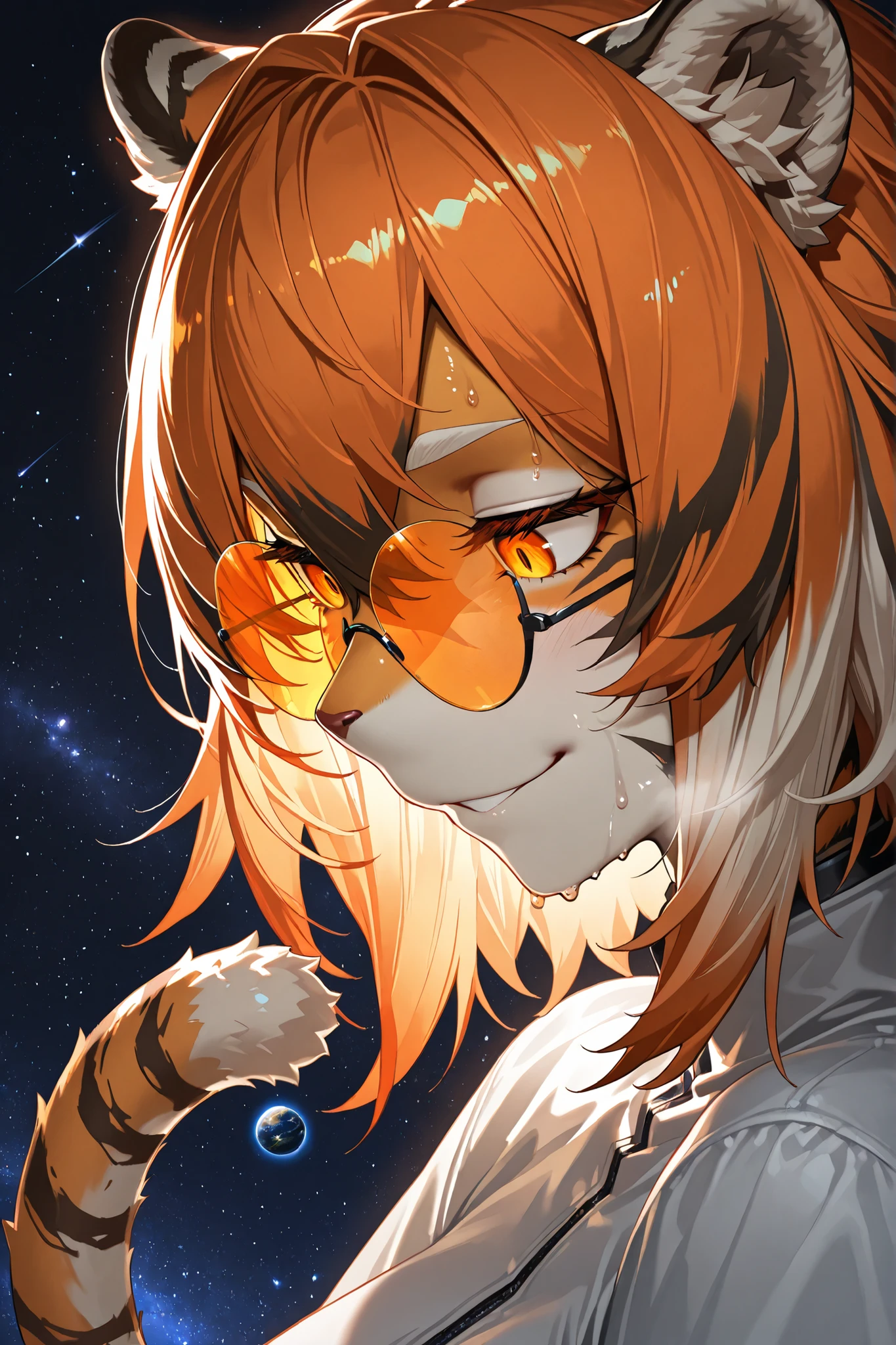 waaifu_arknights, (masterpiece, Highest quality, Ultra-high resolution), Glossiness, shiny, sweat, steamy, furry female, tiger ears, orange hair, tiger girl, short hair, multicolored fur, tiger tail, orange-tinted eyewear, cool backlight, macro, giantess, tiny planet, space giantess , deep space background, (focus on face), (close up), focus on eyes, lewd smile