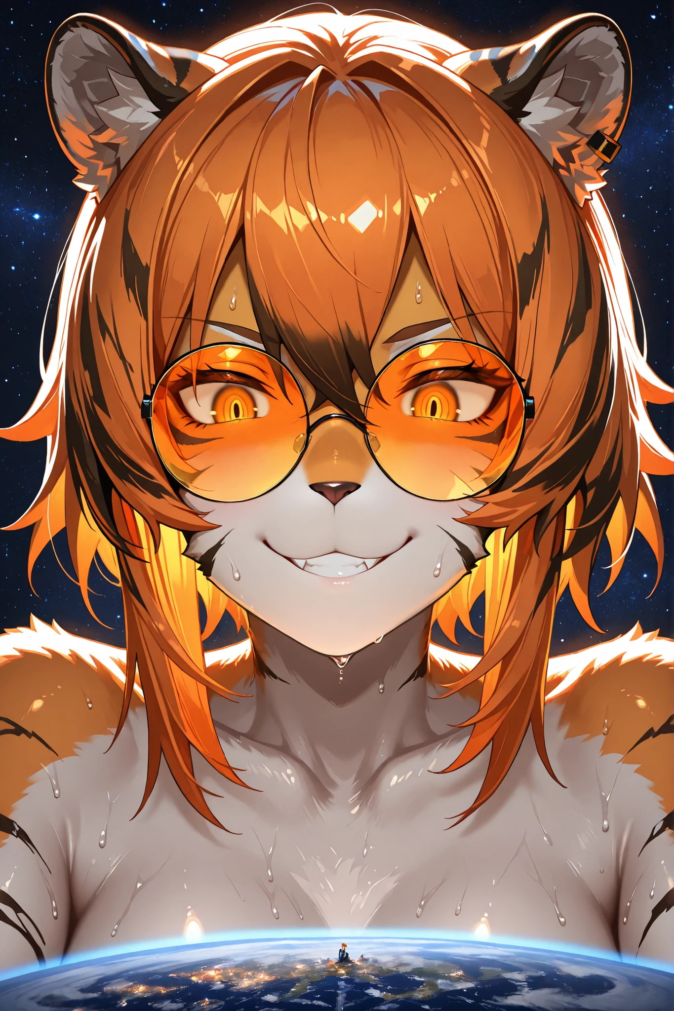 waaifu_arknights, (masterpiece, Highest quality, Ultra-high resolution), Glossiness, shiny, sweat, steamy, furry female, tiger ears, orange hair, tiger girl, short hair, multicolored fur, tiger tail, orange-tinted eyewear, cool backlight, macro, giantess, tiny planet, space giantess , deep space background, (focus on face), (close up), focus on eyes, lewd smile