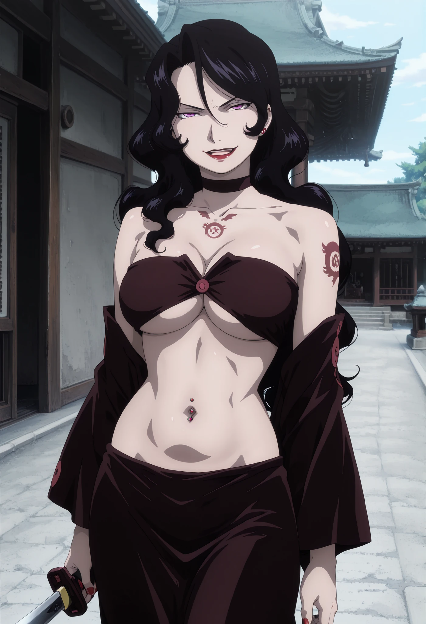 masterpiece,absurdres,best quality,high quality,<lora:MeMaXL5 Type C Vpred Noob:1>,1girl,brown theme,dark-skinned female,green hair,long hair,hair between eyes,messy hair,crossed bangs,black microskirt,off shoulder,medium breasts,skirt lift,black thong,barefoot,bare legs,flower tattoo,expressionless,standing,full body,contrapposto,head tilt,green eyes,pose,legs apart,tiptoes,pubic hair,