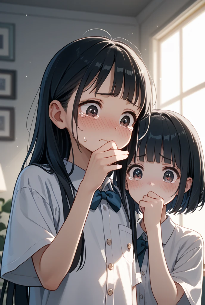 masterpiece, best quality, 1girl, mamerakkkkko, manga style, japanese, chi no wadachi, black eyes, street, iced, black hair, schoolbag, smile, lineart, white background, white shirt, grey shorts, centered, 18 years old, tall, fair skinned, bokeh background, crying, tears, straight-on, tears streaming
