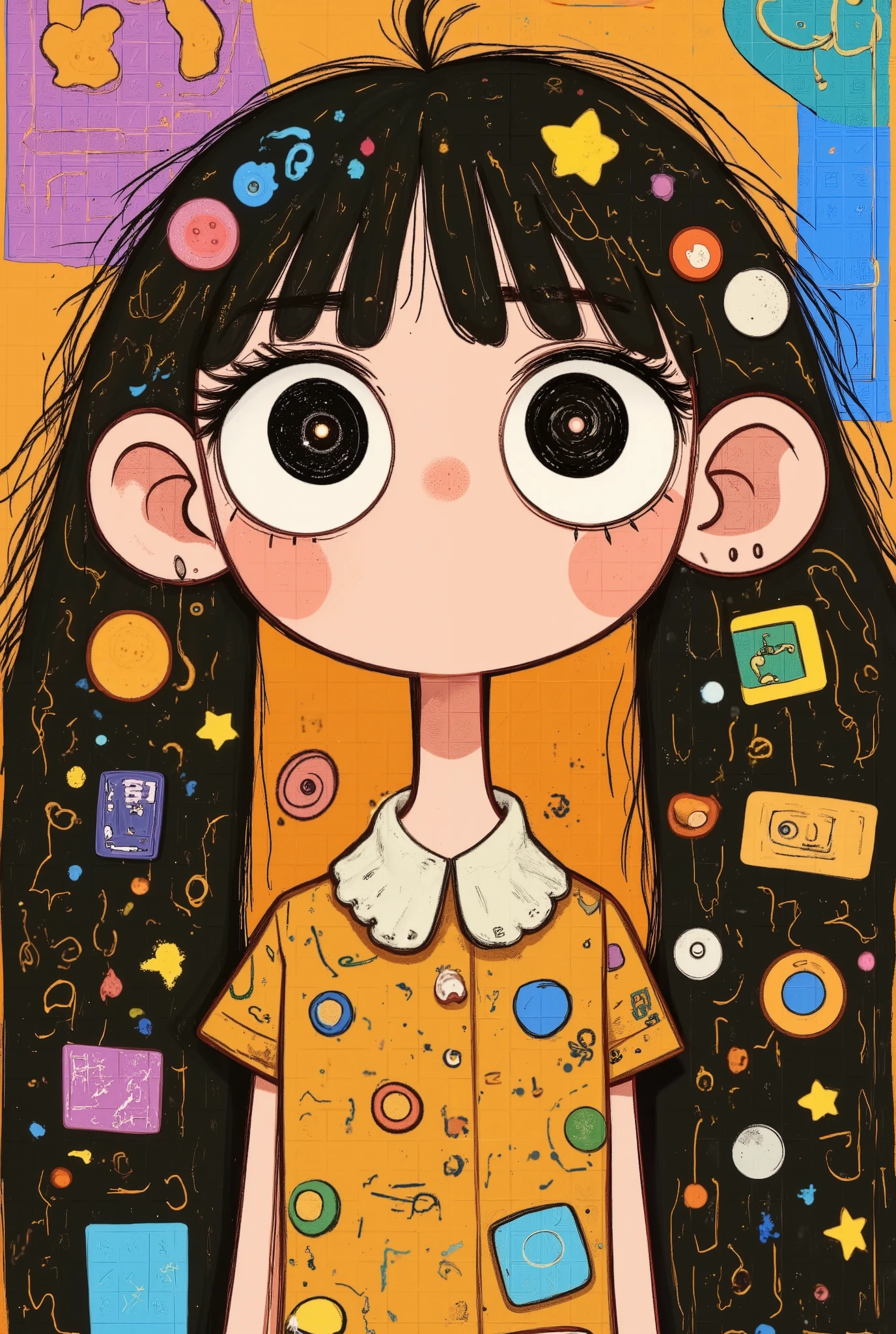 ultrarealistic,  masterpiece, (( ultra detailed background ,  intricate details )),  mejor calidad,  intricate details ,  chromatic aberration, Women, 20 years,   looking at the spectator ,  black hair ,  cabello sobre un ojo ,  black t-shirt , Skull Pattern , short sleeve,  sitting on the floor , Mascara, eye pencil,  barbed bracelets ,  spiked choker ,  black pants , pale skin,  black lipstick 