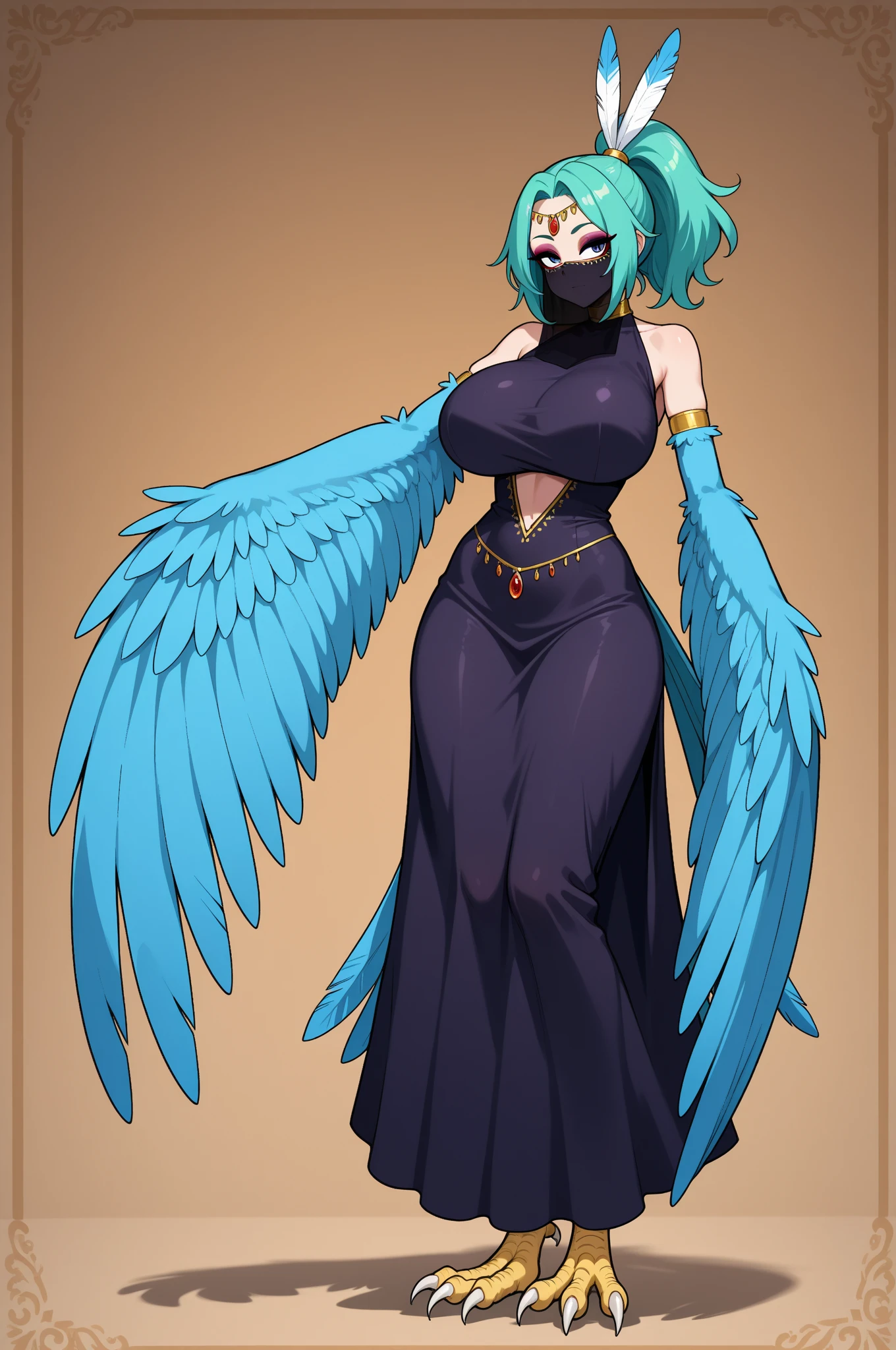 masterpiece,best quality,(destinychildstyle:1),(white background,simple background:1.4),1girl, solo, very long hair, ,  out,nipples, black hair,grin,teeth,angel wings,smile, high heels, dark-skinned female,Jewelry, full body, ponytail, dress, , bracelet, looking at viewer, earrings, parted lips, standing,dynamic pose,
<lora:destiny child style vertical painting_v1:1>