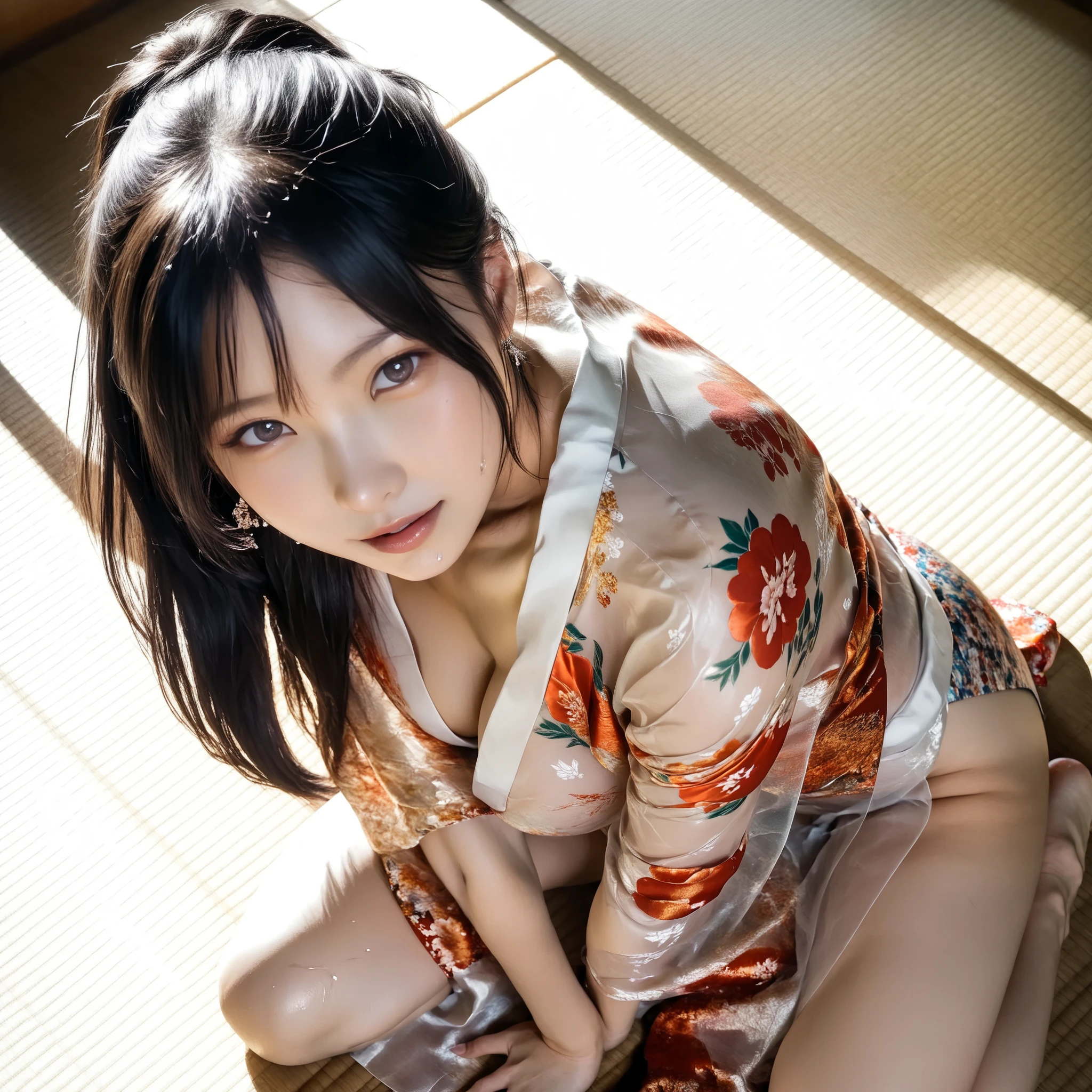 最High Quality 、High Quality 、 最High Definition、High Definition、8K quality、high image quality 、最High Quality、 masterpiece 、immersive video、 very realistic images of the floor at night 、Realistic Paintings、 perfect details 、 from out of view High contrast 、High Fidelity、 perfect pictures without blur、close to reality、 image faithfully reproduced down to the smallest detail、 EXQUISITE AND REALISTIC WEAPONS 、 Exquisite and realistic human skin 、 Realistic face in every detail、 Realistic eyes with attention to detail 、 realistic lips drawn with minimal detail 、 detailed and real teeth、Real Ears、 Realistic Hair 、((Japanese Model))､((gravure idol))、((Young face))、((black hair))、((medium rounded breasts))、((stylish body ))、(((Sweaty skin all over )))、((Wear a floral kimono made of transparent vinyl,Clear vinyl fits your skin perfectly))、((Wear a floral kimono made of transparent nylon,Clear nylon adheres perfectly to the skin))、((See your skin through a clear vinyl kimono))、((See your skin through a clear nylon kimono))、((Traditional Japanese room))、(((Sexy side seat on tatami mat in a Japanese-style room )))､(((Full Body Footage from Head to Toe,)))､(((look at her from an angle above)))