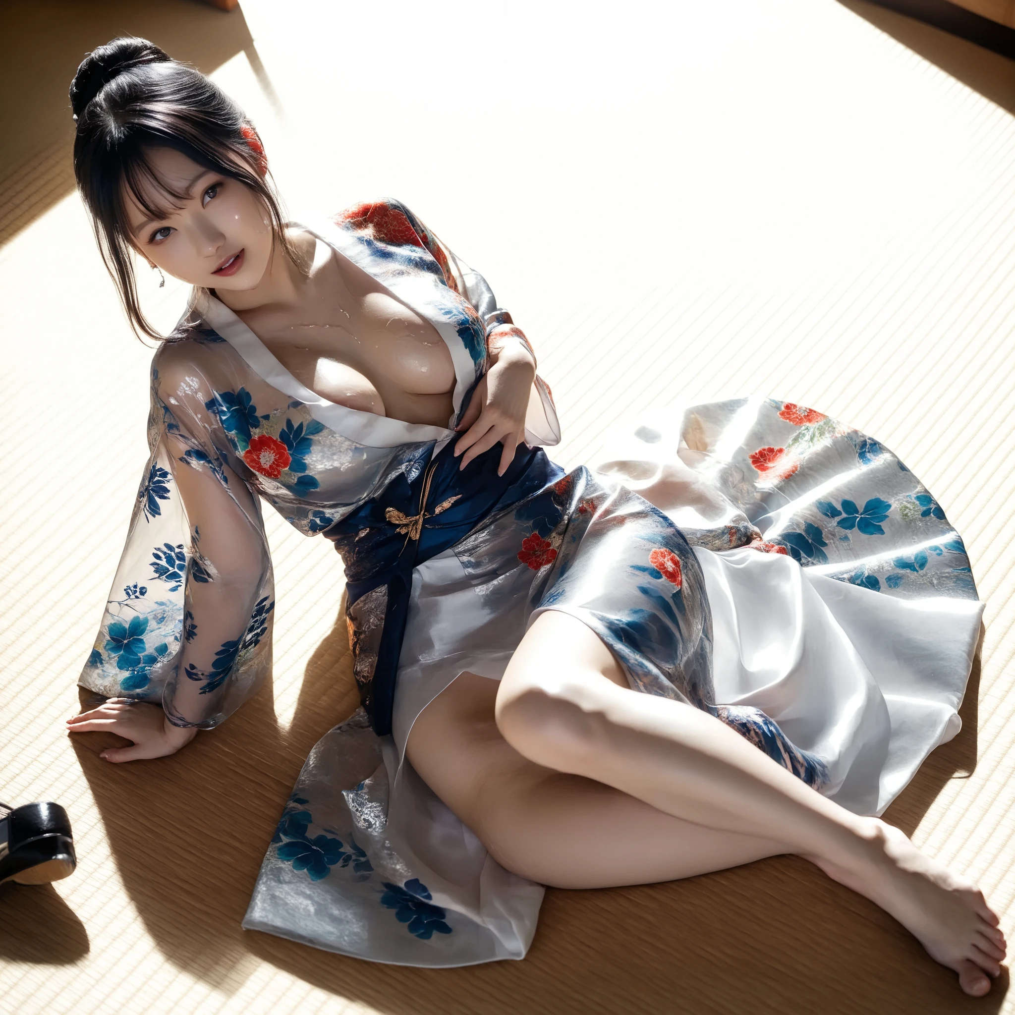 最High Quality 、High Quality 、 最High Definition、High Definition、8K quality、high image quality 、最High Quality、 masterpiece 、immersive video、 very realistic images of the floor at night 、Realistic Paintings、 perfect details 、 from out of view High contrast 、High Fidelity、 perfect pictures without blur、close to reality、 image faithfully reproduced down to the smallest detail、 EXQUISITE AND REALISTIC WEAPONS 、 Exquisite and realistic human skin 、 Realistic face in every detail、 Realistic eyes with attention to detail 、 realistic lips drawn with minimal detail 、 detailed and real teeth、Real Ears、 Realistic Hair 、((Japanese Model))、((gravure idol))、((Young face))、((black hair))、((medium rounded breasts))、((stylish body ))、(((Sweaty skin all over )))、((Wear a floral kimono made of transparent vinyl,Clear vinyl fits your skin perfectly))、((Wear a floral kimono made of transparent nylon,Clear nylon adheres perfectly to the skin))、((See your skin through a clear vinyl kimono))、((See your skin through a clear nylon kimono))、((Traditional Japanese room))、(((Sexy side seat on tatami mat in a Japanese-style room )))、(((Full Body Footage from Head to Toe,)))、(((look at her from an angle above)))