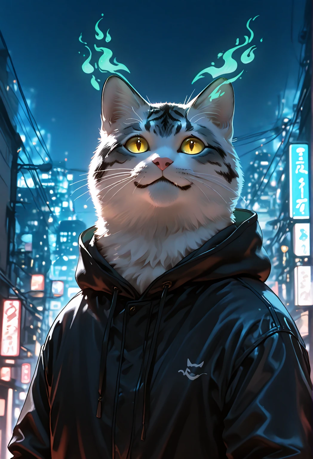 grey cat，Holding an umbrella，outdoor，rain，Lovely，overweight，Hoodie，light，On a college campus，high quality，masterpiece，high-definition，